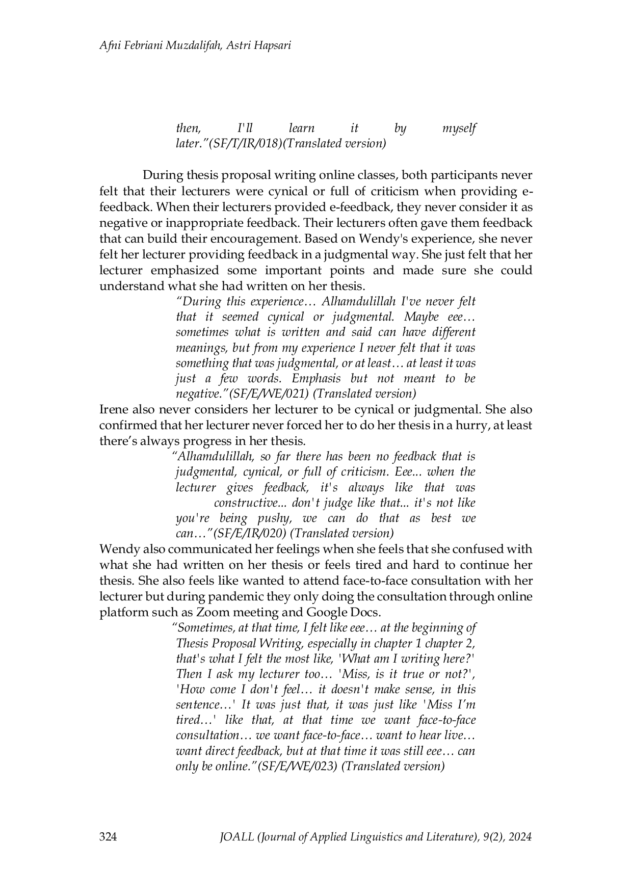 JURIS Undergraduate Students Perception of E feedback Practice during Online EFL Thesis Proposal Writing Coursework