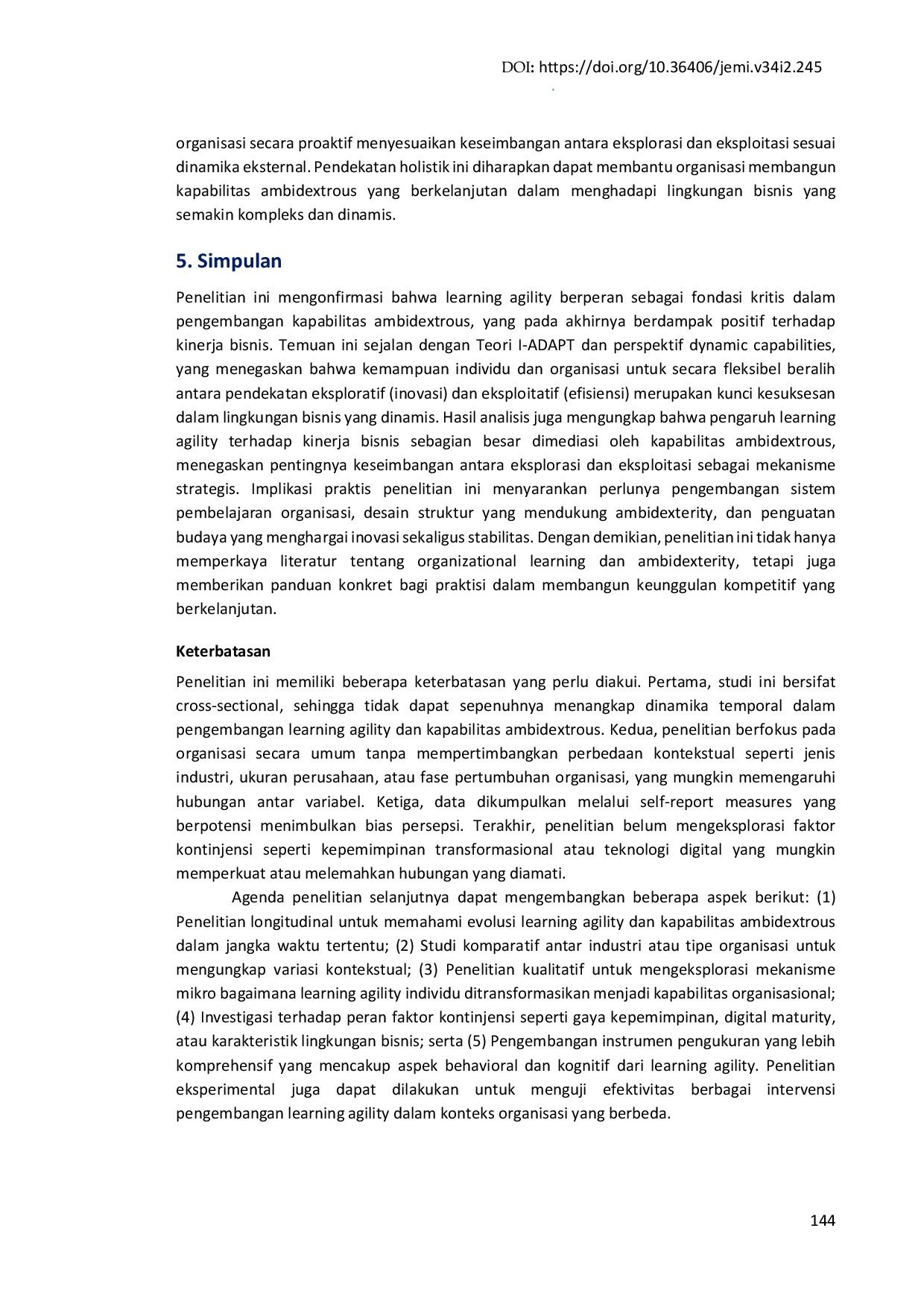 JURIS Peran mediasi kapabilitas ambidextrous pada hubungan learning agility dan kinerja bisnis UMK di Indonesia