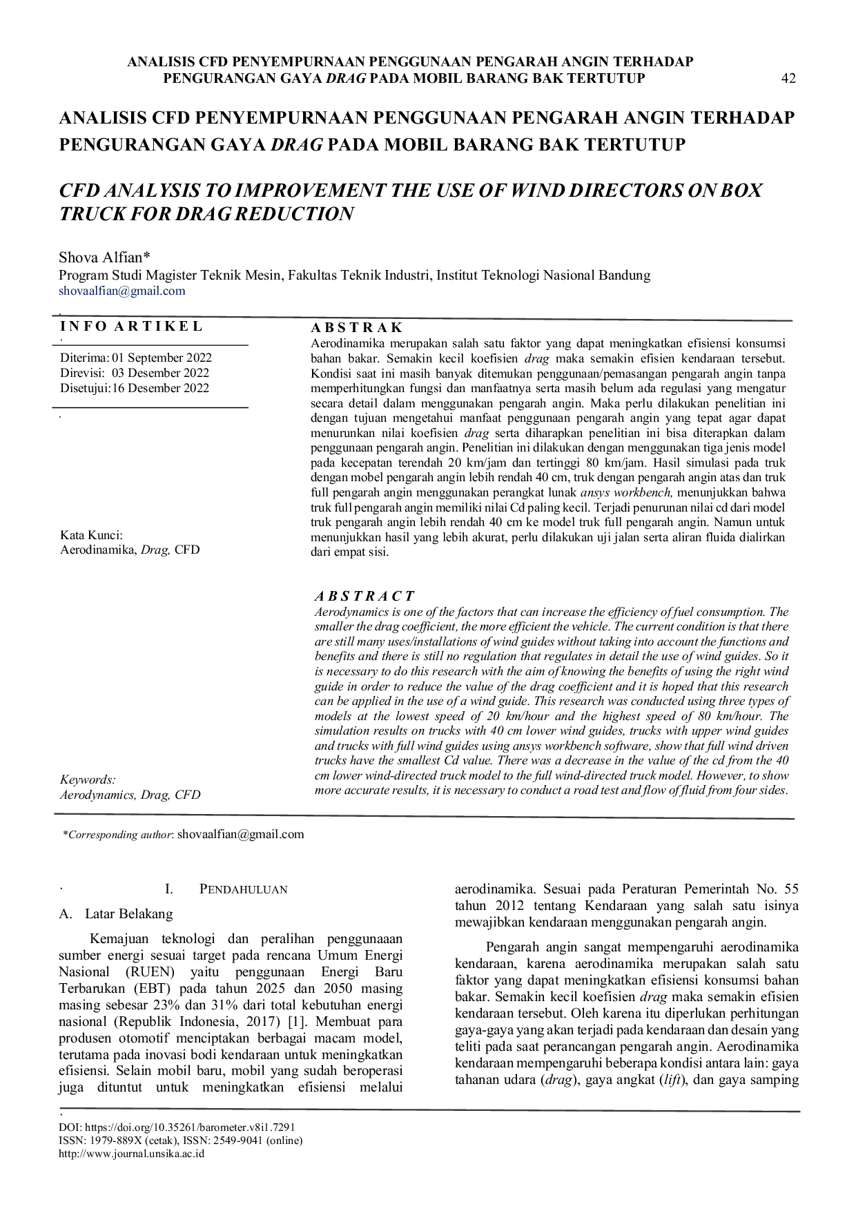 JURIS Analisis CFD Penyempurnaan Penggunaan Pengarah Angin Terhadap Pengurangan Gaya Drag Pada Mobil Barang Bak Tertutup