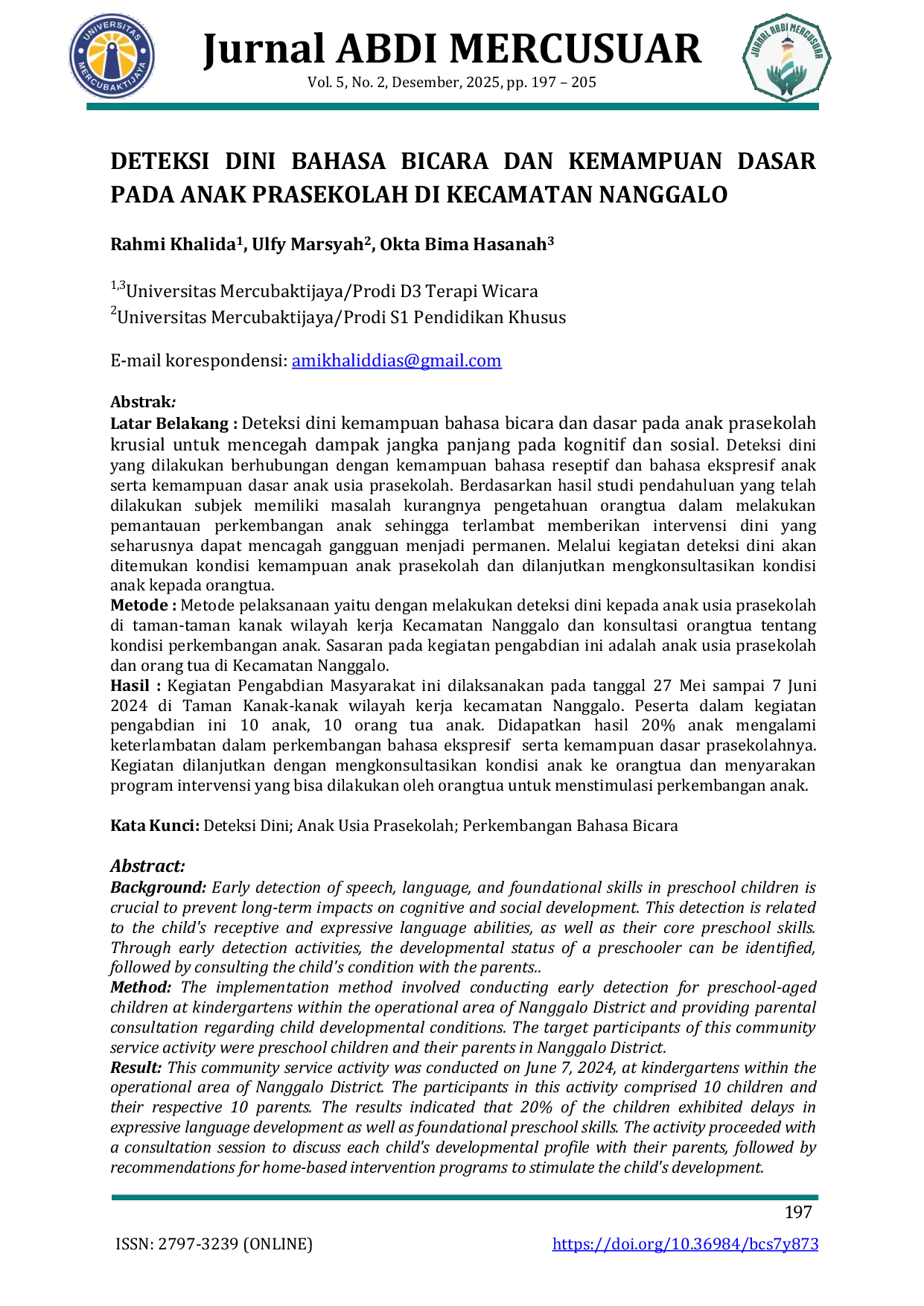 JURIS Deteksi Dini Bahasa Bicara dan Kemampuan Dasar Pada Anak Prasekolah Di Kecamatan Nanggalo