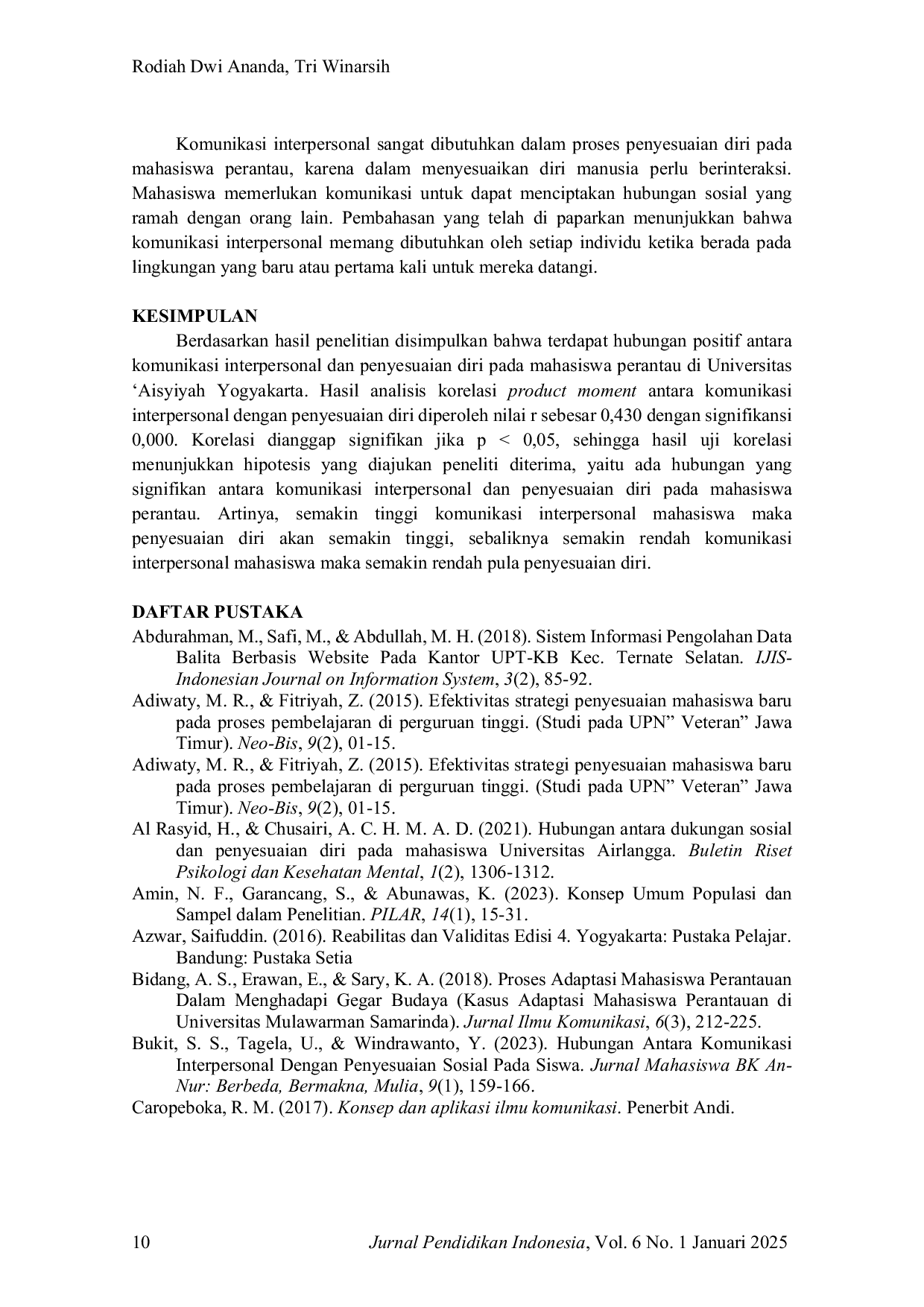 JURIS Hubungan Antara Komunikasi Interpersonal Dengan Penyesuaian Diri Pada Mahasiswa Perantau di Universitas aisyiyah Yogyakarta