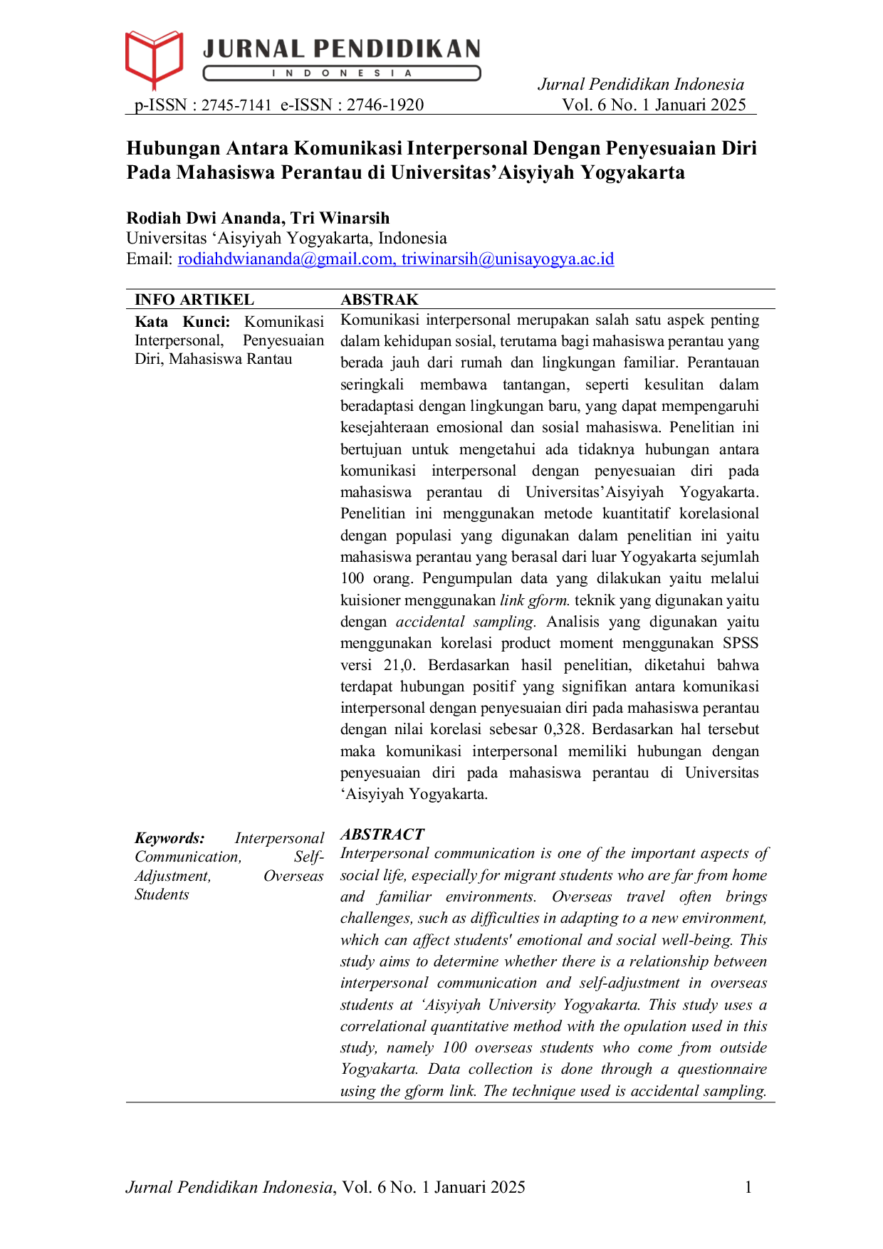 JURIS Hubungan Antara Komunikasi Interpersonal Dengan Penyesuaian Diri Pada Mahasiswa Perantau di Universitas aisyiyah Yogyakarta