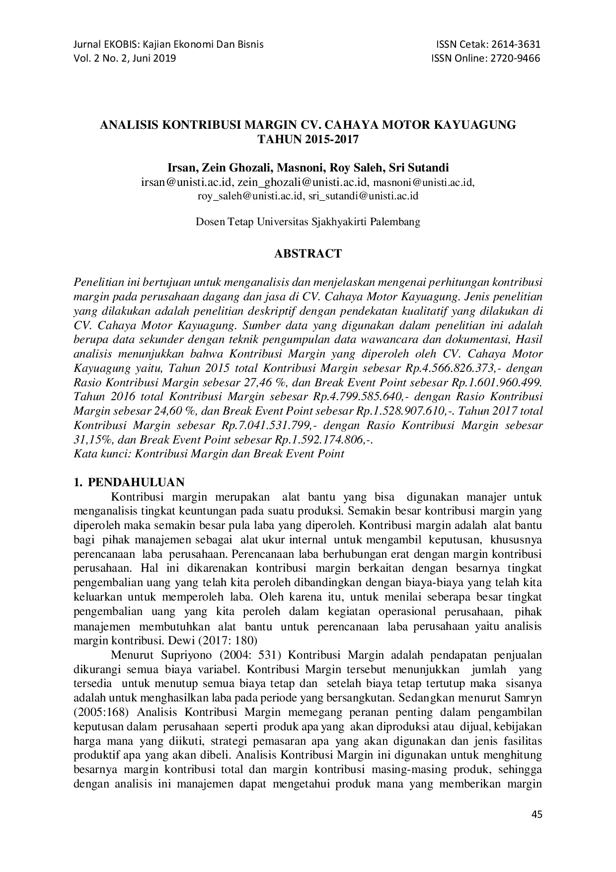 juris Analisis Kontribusi Margin CV Cahaya Motor Kayuagung Tahun 2015 2017