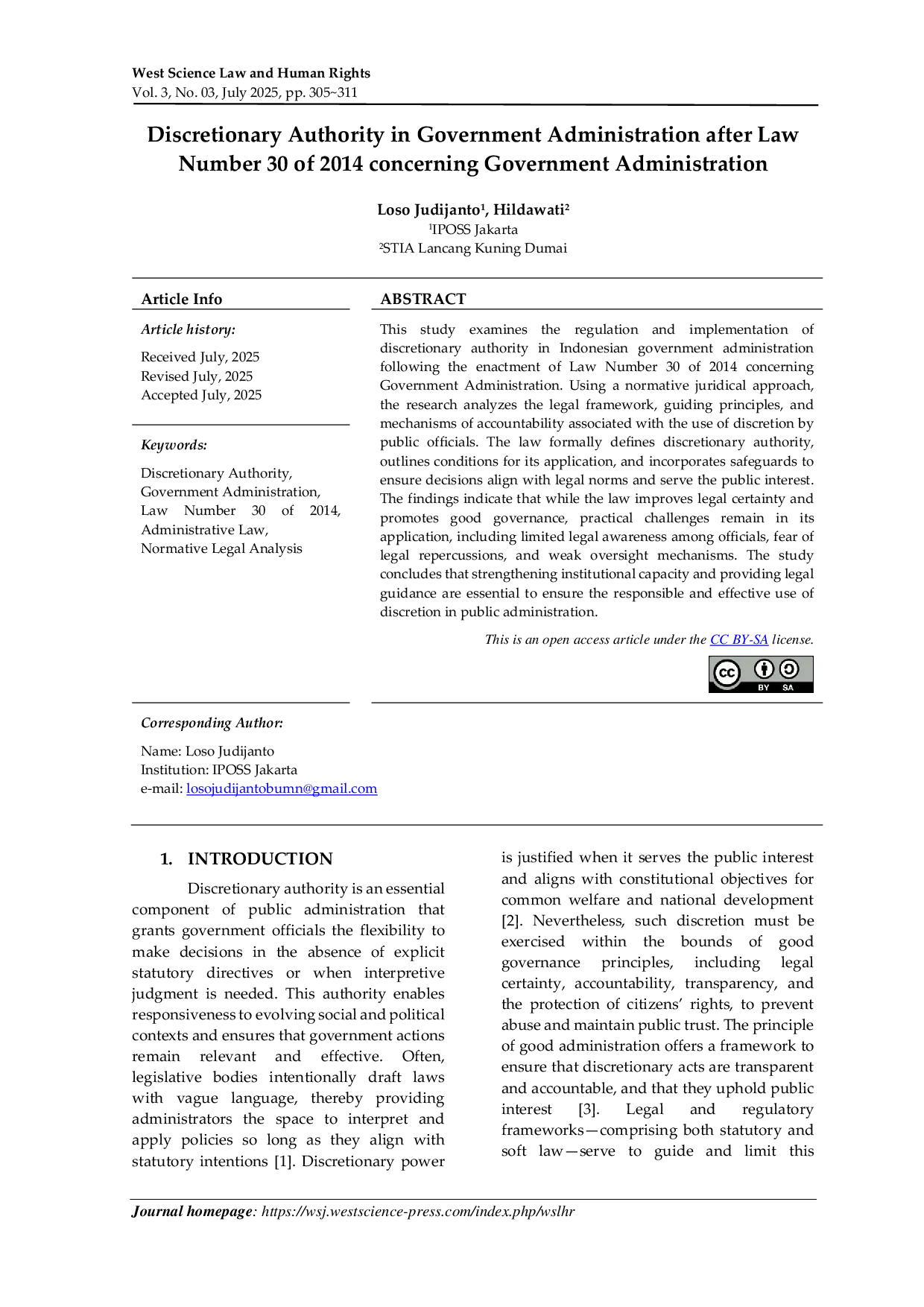 JURIS Discretionary Authority in Government Administration after Law Number 30 of 2014 concerning Government Administration