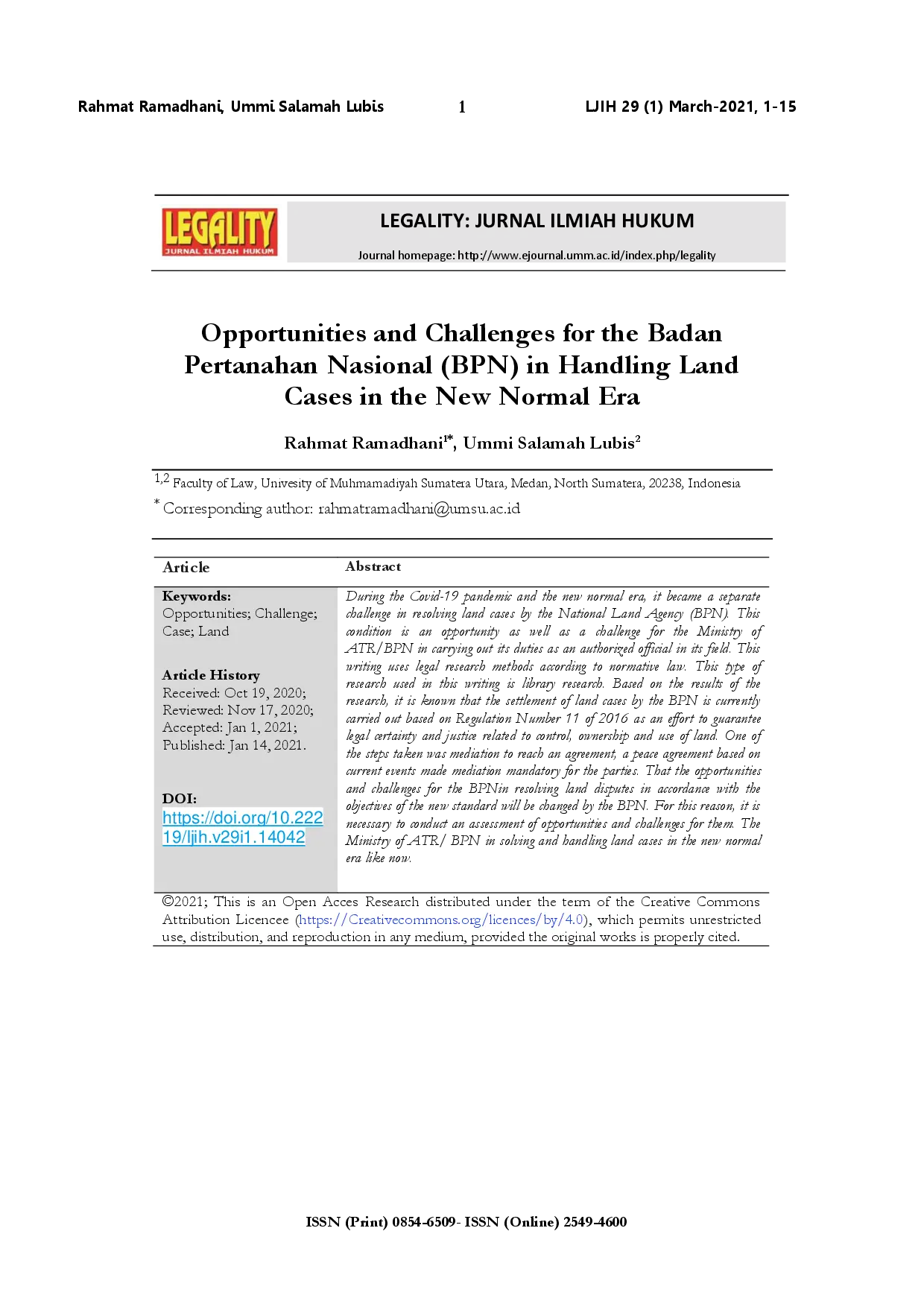 juris Opportunities and challenges for the Badan Pertanahan Nasional BPN in handling land cases in the new normal era