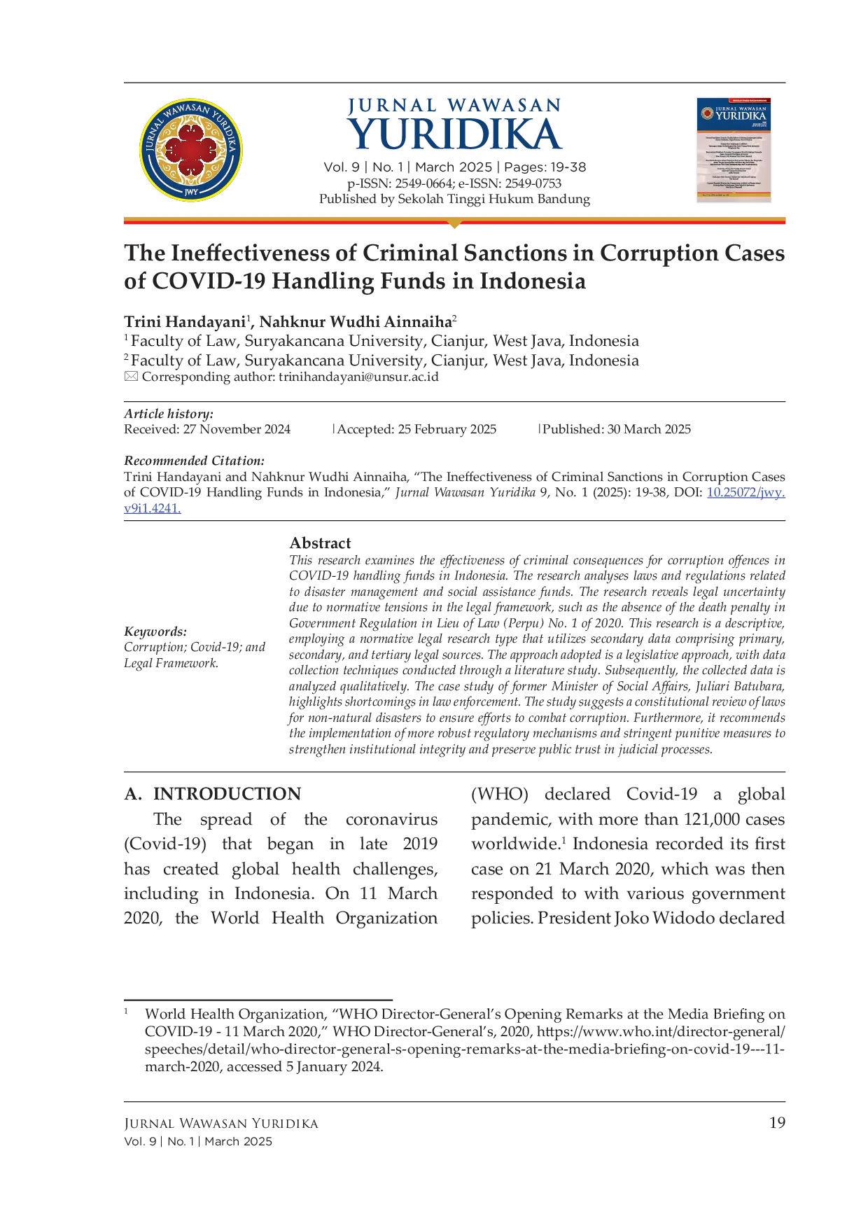 JURIS The Ineffectiveness of Criminal Sanctions in Corruption Cases of COVID 19 Handling Funds in Indonesia