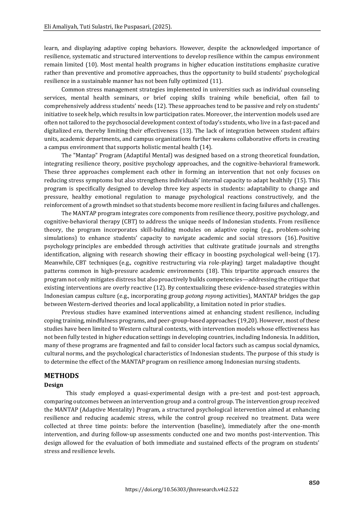 JURIS The Effect of the Adaptive Mentality MANTAP Program on Resilience and Stress Levels in Nursing Students A Quasi Experimental Study