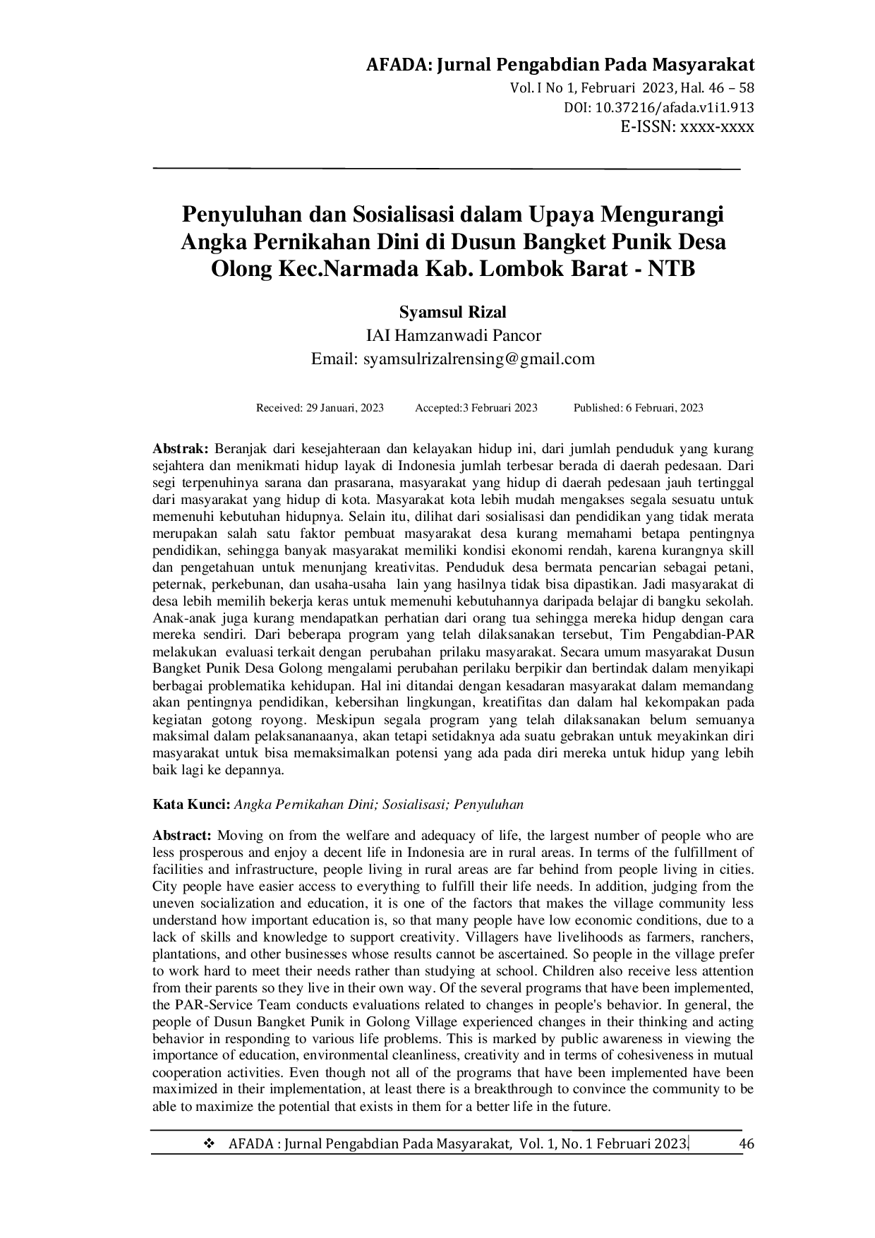 JURIS Penyuluhan dan Sosialisasi dalam Upaya Mengurangi Angka Pernikahan Dini di Dusun Bangket Punik Desa Golong Kec Narmada Kab Lombok Barat NTB