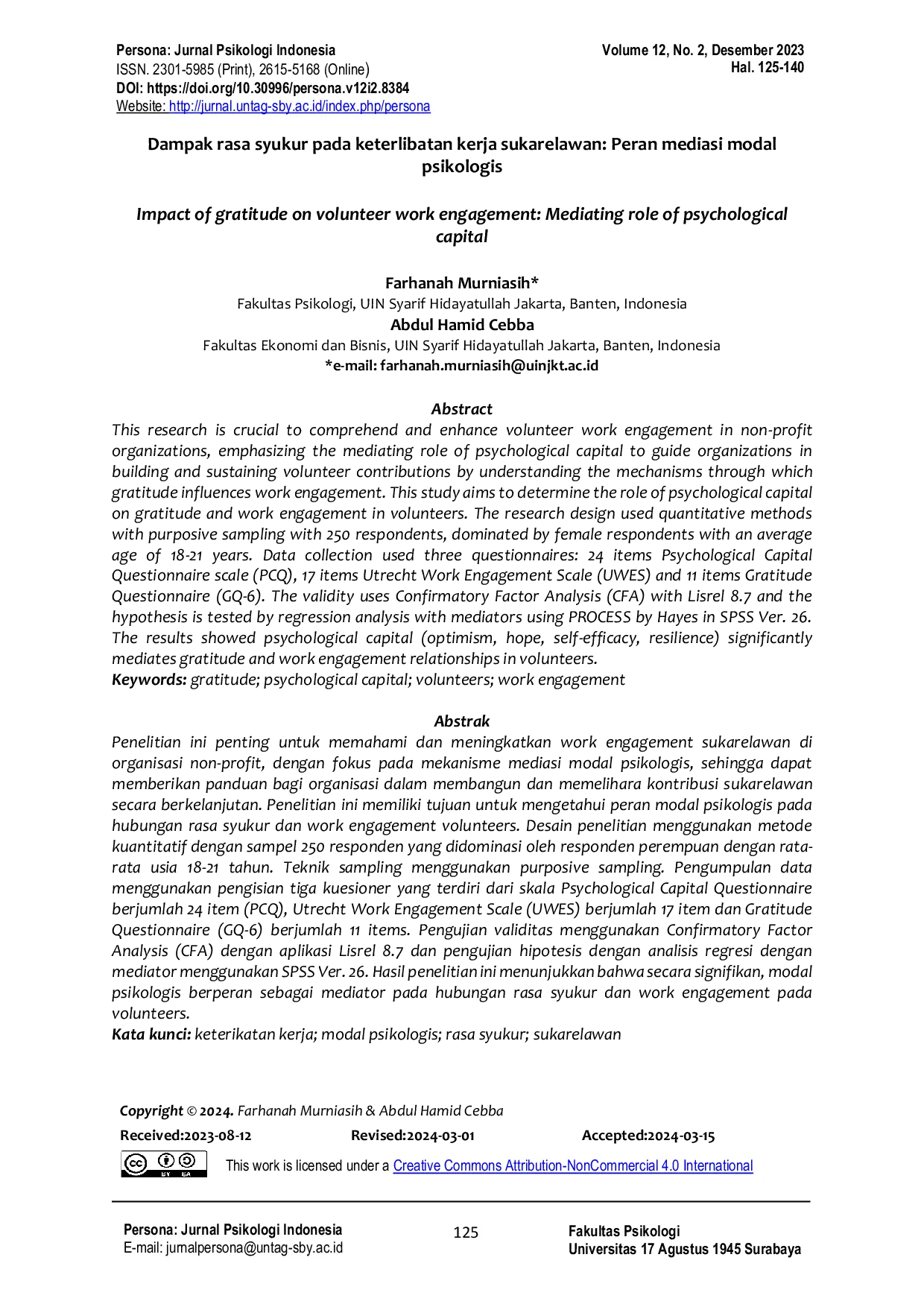 JURIS Dampak rasa syukur pada keterlibatan kerja sukarelawan Peran mediasi modal psikologis