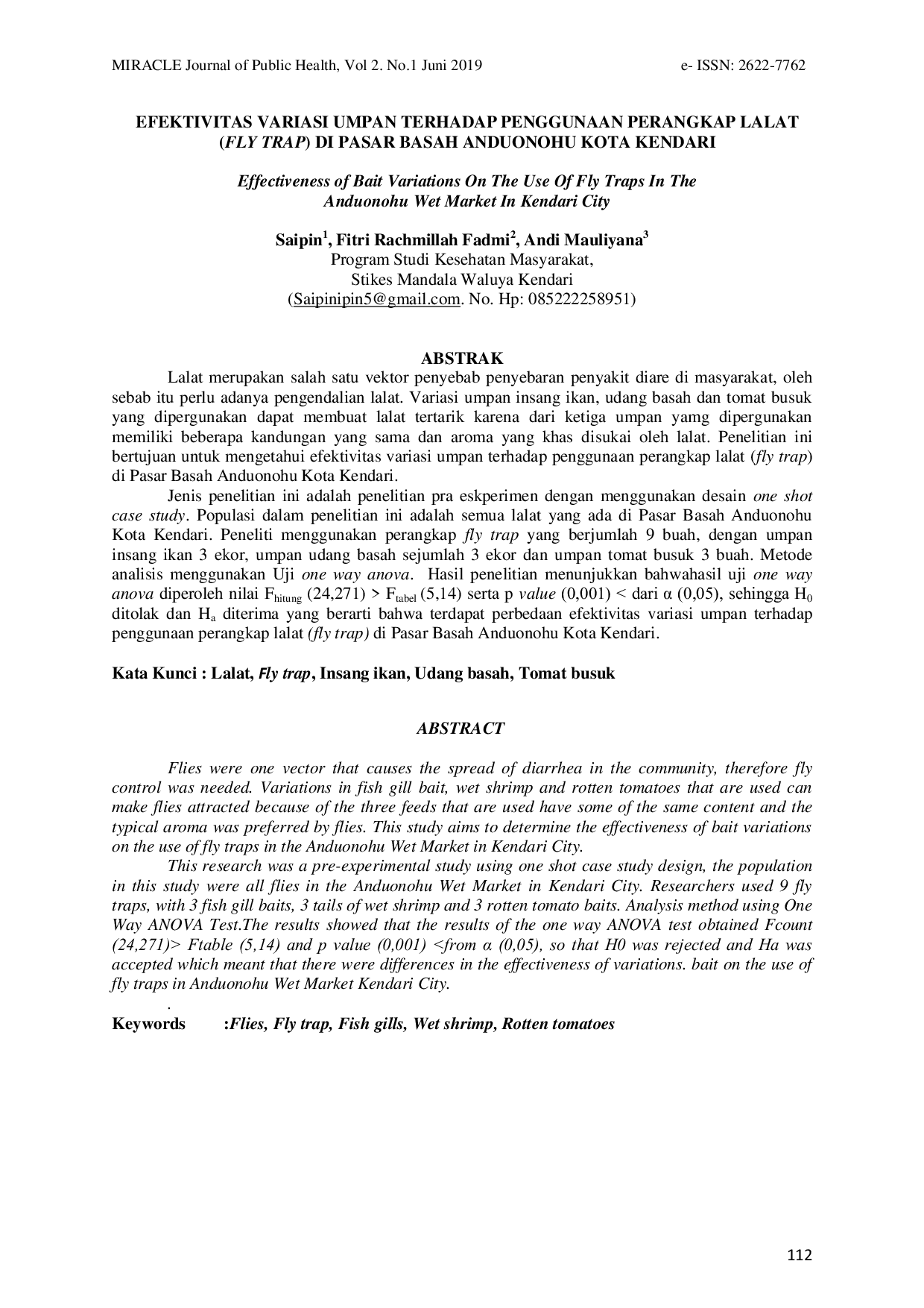 JURIS Efektivitas Variasi Umpan Terhadap Penggunaan Perangkap Lalat Fly Trap Di Pasar Basah Anduonohu Kota Kendari