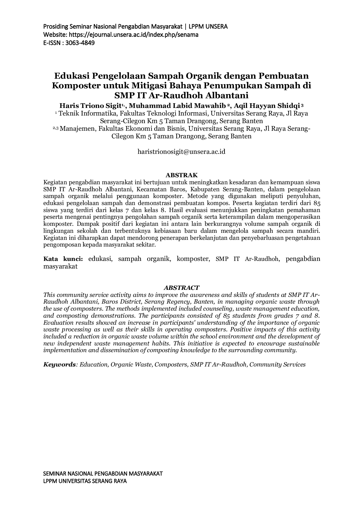 JURIS Edukasi Pengelolaan Sampah Organik dengan Pembuatan Komposter untuk Mitigasi Bahaya Penumpukan Sampah di SMP IT Ar Raudhoh Albantani