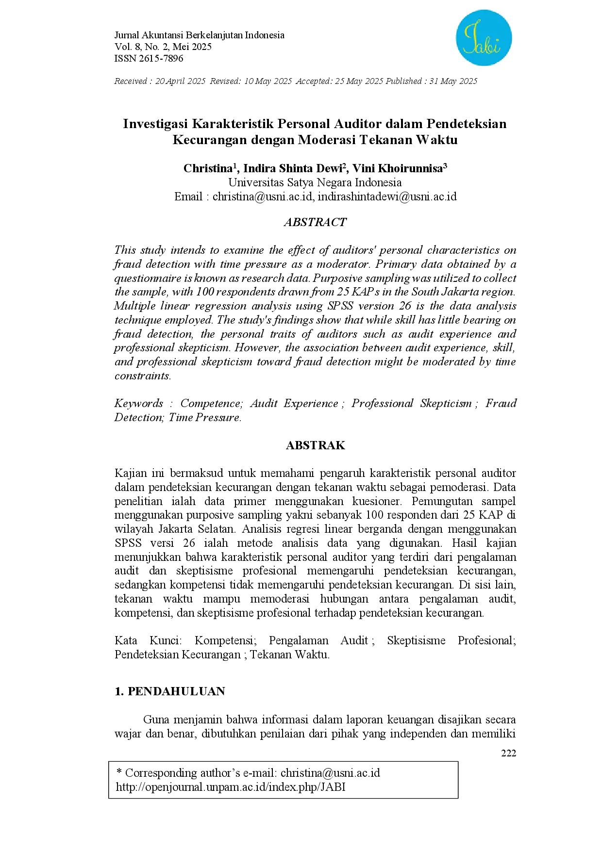 juris Investigasi Karakteristik Personal Auditor dalam Pendeteksian Kecurangan dengan Moderasi Tekanan Waktu