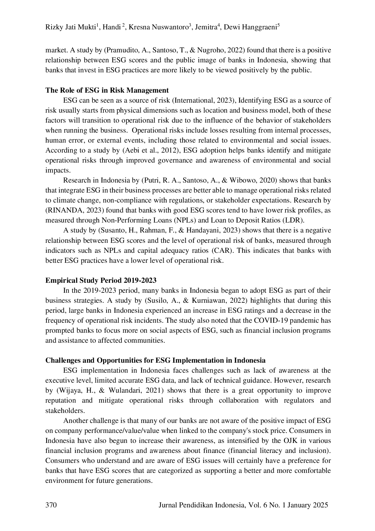 JURIS The Influence of ESG on Operational Risk of Bank Issuers in Indonesia for the Period of 2019 2023