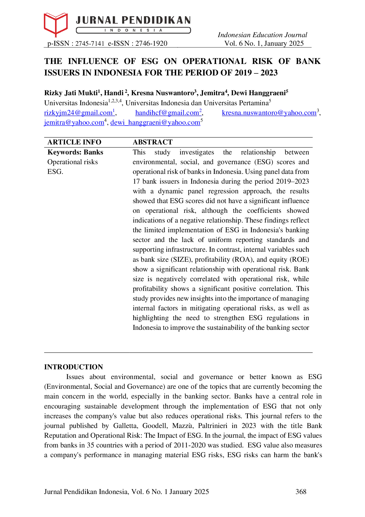 JURIS The Influence of ESG on Operational Risk of Bank Issuers in Indonesia for the Period of 2019 2023