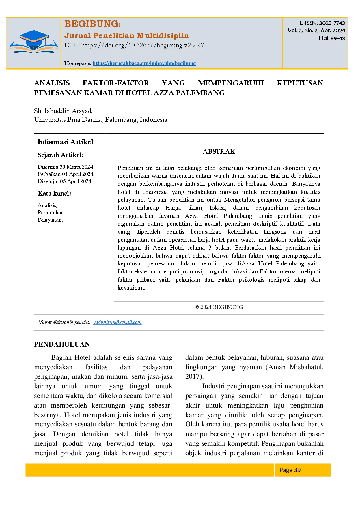 juris Analisis Pemesanan Kamar Di Hotel Azza Palembang FaktorAcFaktor Yang Mempengaruhi