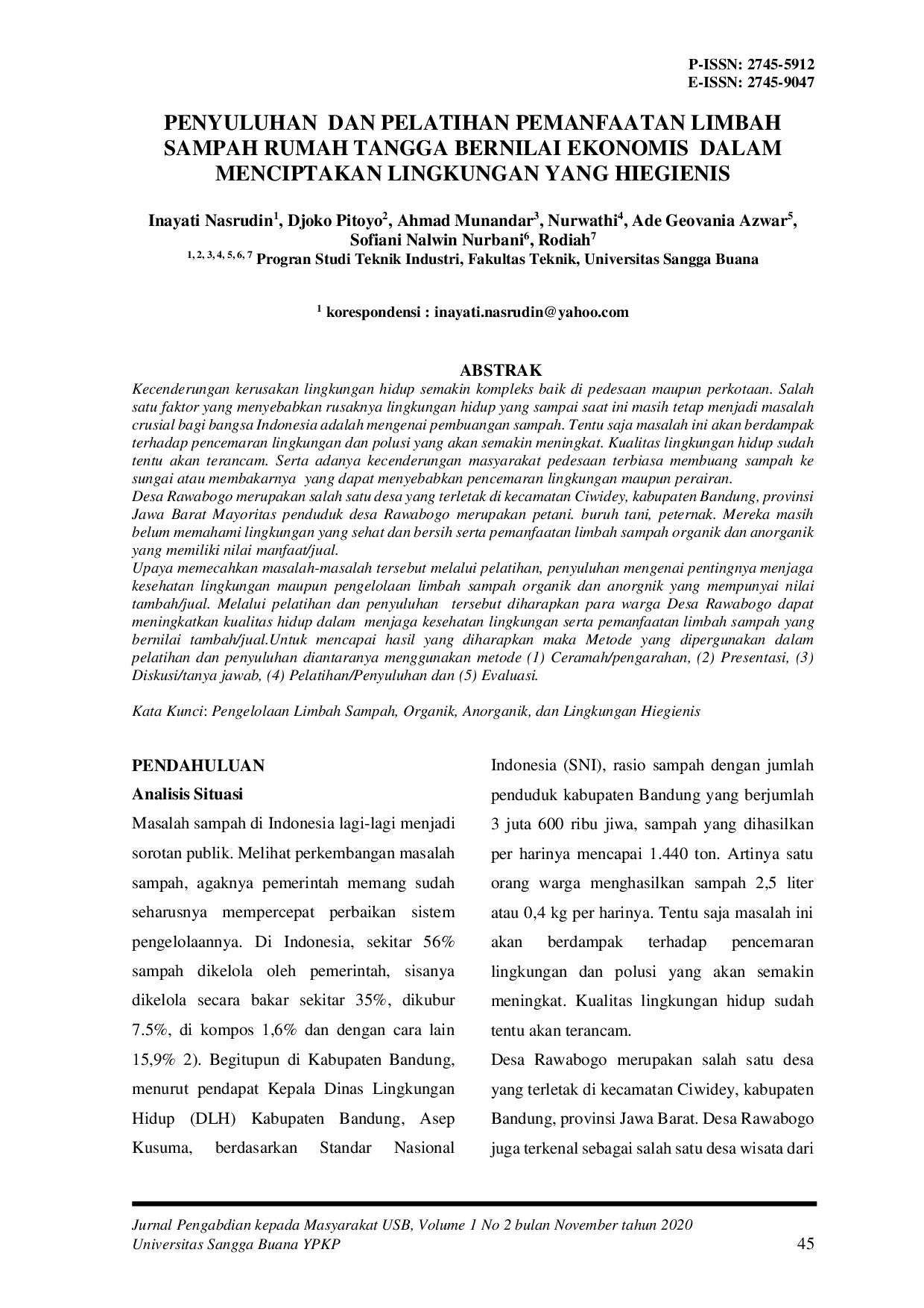 JURIS Penyuluhan dan Pelatihan Pemanfaatan Limbah Sampah Rumah Tangga Bernilai Ekonomis dalam Menciptakan Lingkungan yang Higienis