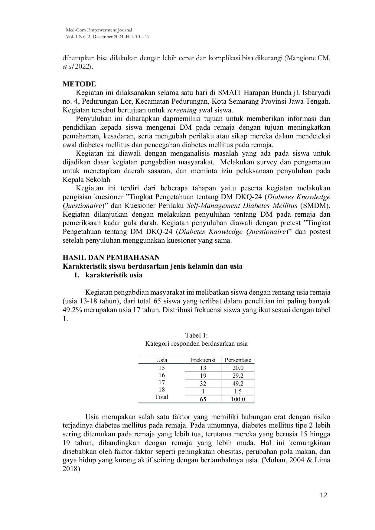 JURIS Skrining Prediabetes dan Diabetes Mellitus tipe 2 serta Pemberian Materi Faktor Risiko Diabetes Mellitus pada Remaja di SMA IT Harapan Bunda Semarang