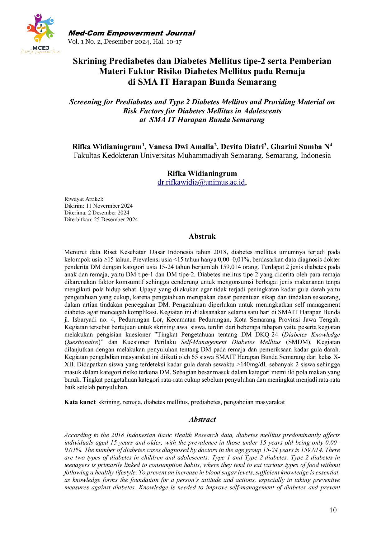JURIS Skrining Prediabetes dan Diabetes Mellitus tipe 2 serta Pemberian Materi Faktor Risiko Diabetes Mellitus pada Remaja di SMA IT Harapan Bunda Semarang