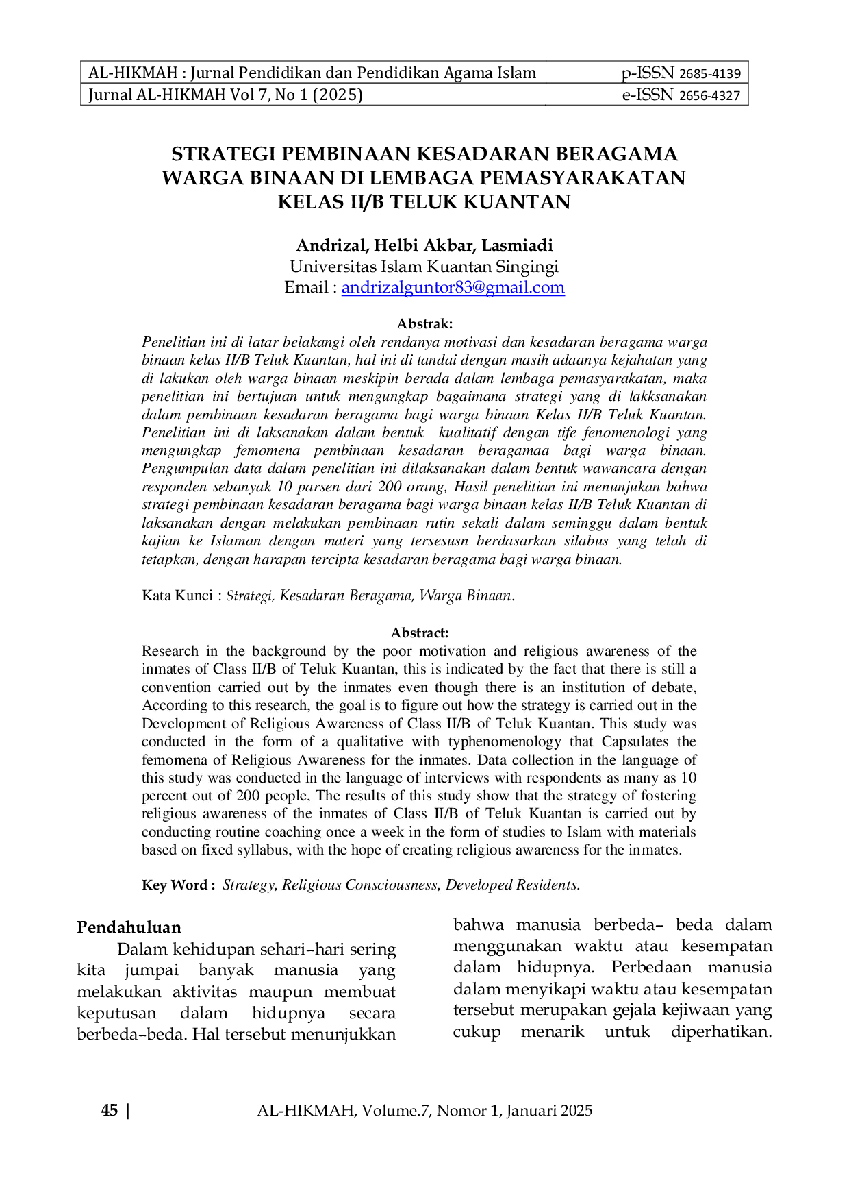 JURIS Strategi Pembinaan Kesadaran Beragama Warga Binaan Di Lembaga Pemasyarakatan Kelas II B Teluk Kuantan