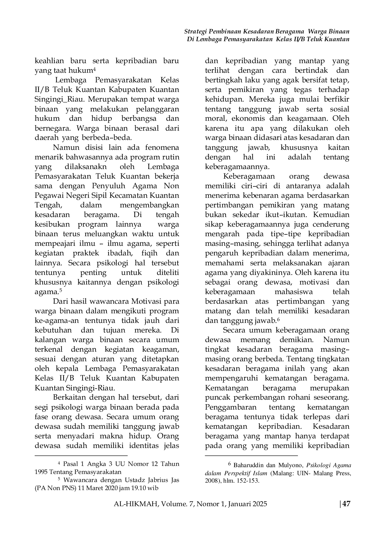 JURIS Strategi Pembinaan Kesadaran Beragama Warga Binaan Di Lembaga Pemasyarakatan Kelas II B Teluk Kuantan