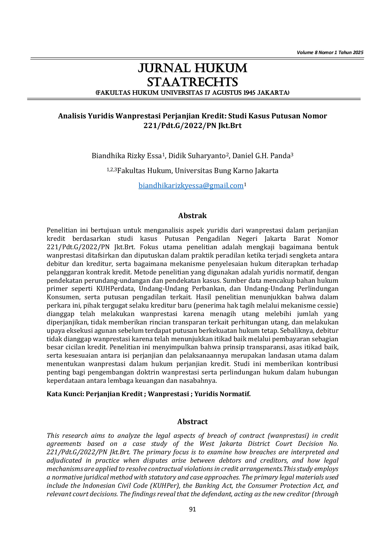 JURIS Analisis Yuridis Wanprestasi Perjanjian Kredit Studi Kasus Putusan Nomor 221 Pdt G 2022 PN Jkt Brt