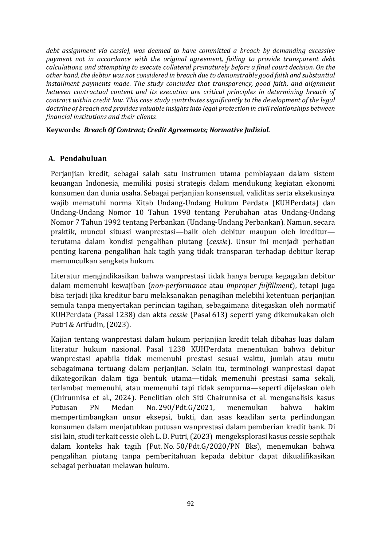 JURIS Analisis Yuridis Wanprestasi Perjanjian Kredit Studi Kasus Putusan Nomor 221 Pdt G 2022 PN Jkt Brt