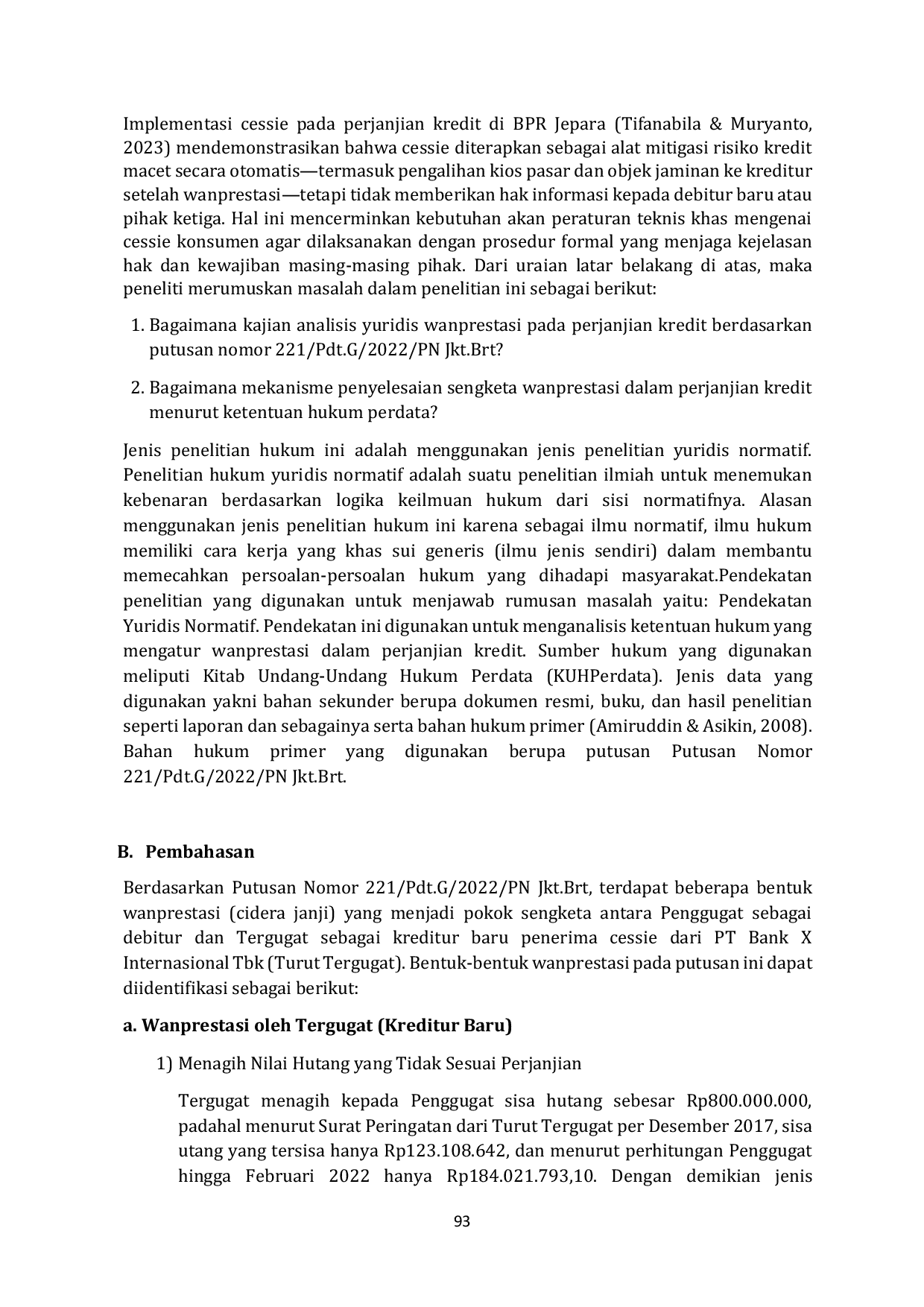 JURIS Analisis Yuridis Wanprestasi Perjanjian Kredit Studi Kasus Putusan Nomor 221 Pdt G 2022 PN Jkt Brt