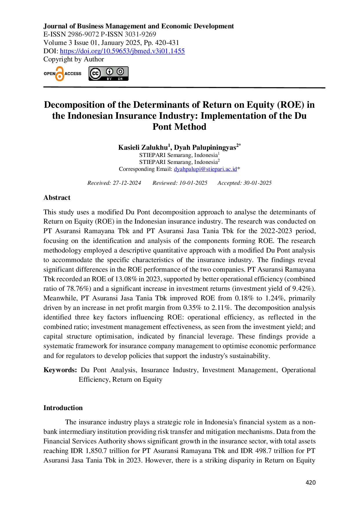 JURIS Decomposition of the Determinants of Return on Equity ROE in the Indonesian Insurance Industry Implementation of the Du Pont Method