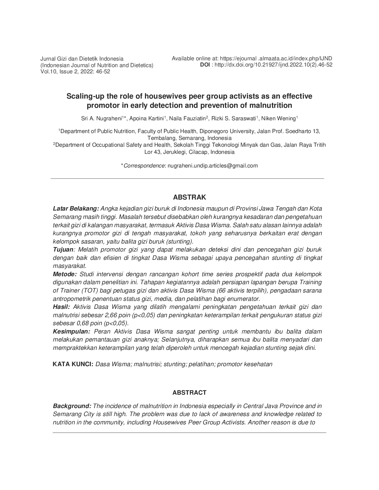 JURIS Scaling Up the Role of Housewives Peer Group Activists as an Effective Promotor in Early Detection and Prevention of Malnutrition