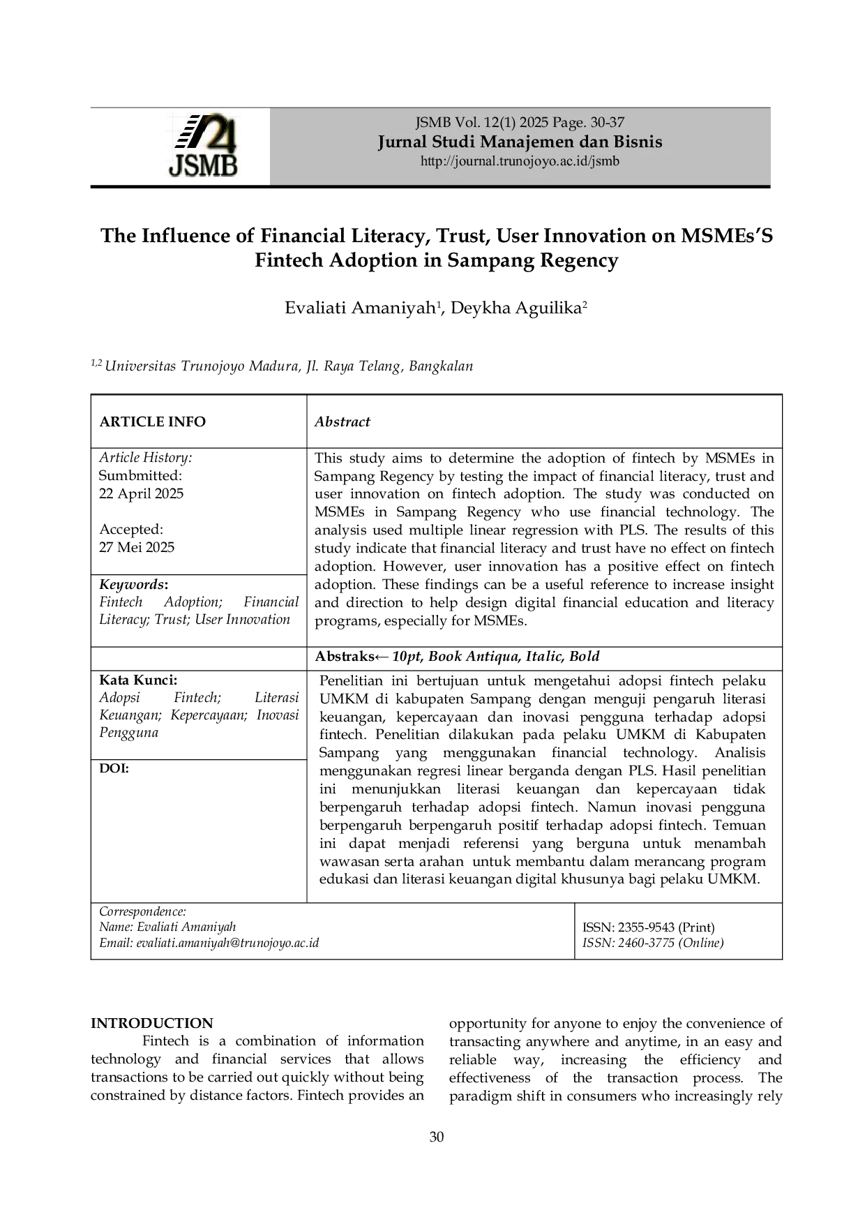 JURIS The Influence of Financial Literacy Trust User Innovation on MSMEs S Fintech Adoption in Sampang Regency