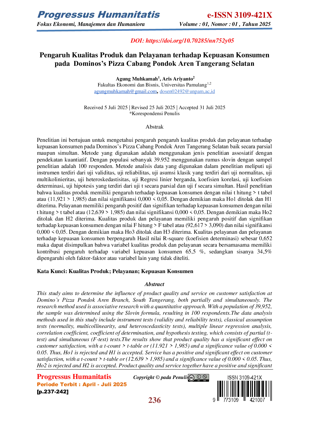 JURIS Pengaruh Kualitas Produk dan Pelayanan terhadap Kepuasan Konsumen pada Dominos s Pizza Cabang Pondok Aren Tangerang Selatan