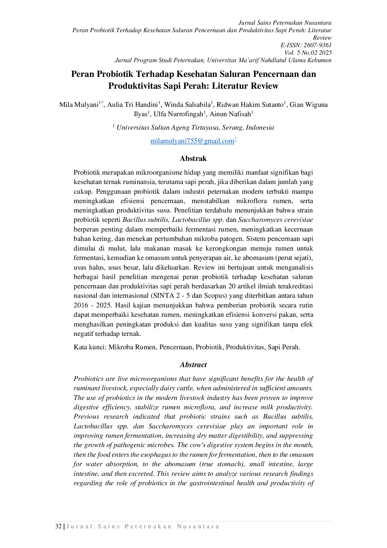 JURIS Peran Probiotik Terhadap Kesehatan Saluran Pencernaan dan Produktivitas Sapi Perah Literatur Review