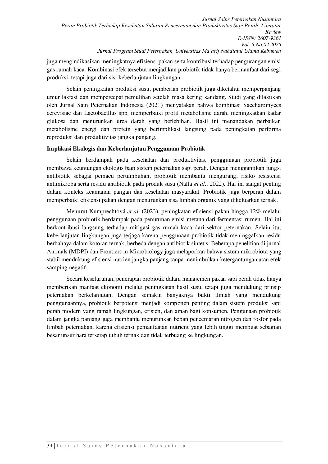 JURIS Peran Probiotik Terhadap Kesehatan Saluran Pencernaan dan Produktivitas Sapi Perah Literatur Review