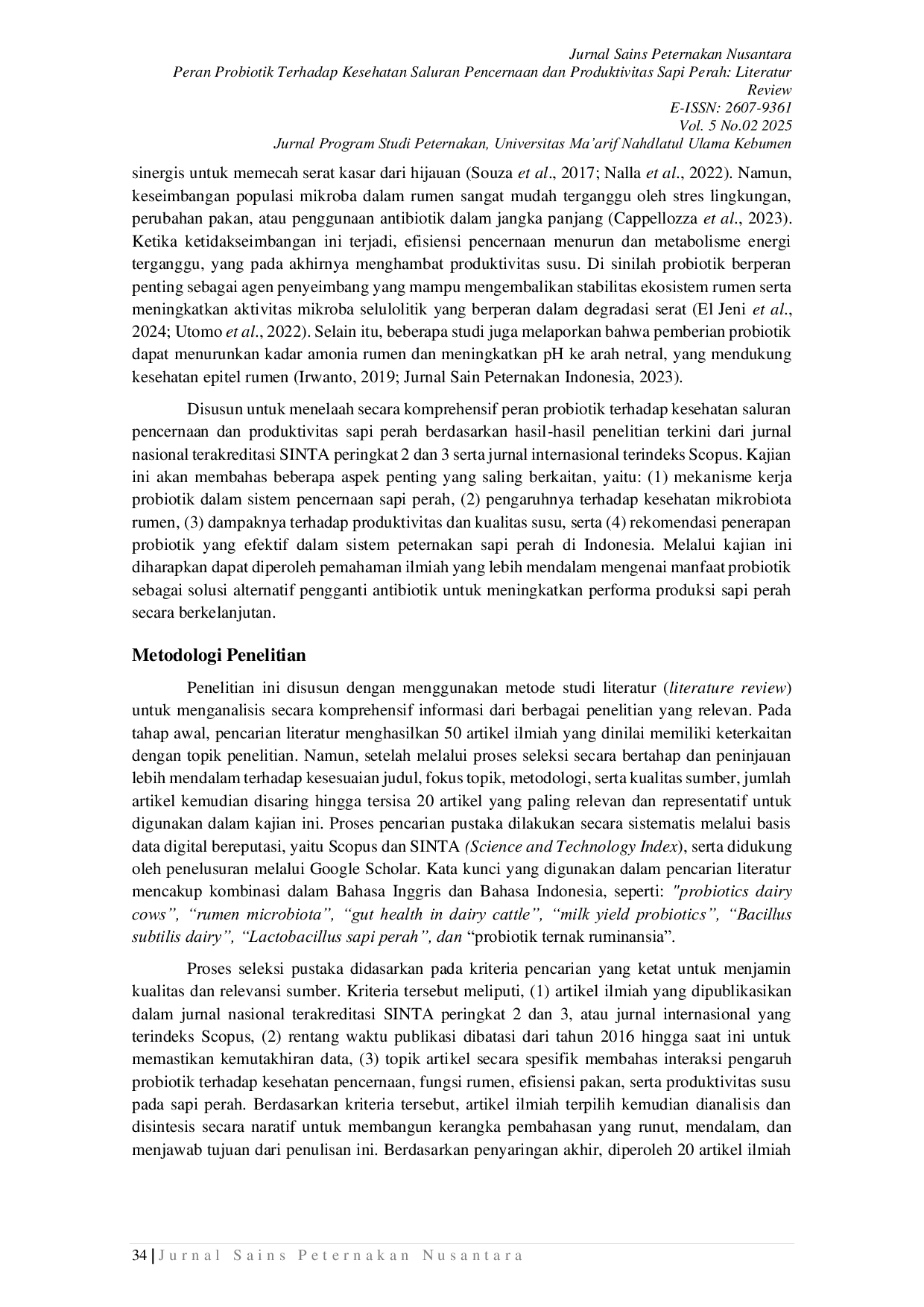 JURIS Peran Probiotik Terhadap Kesehatan Saluran Pencernaan dan Produktivitas Sapi Perah Literatur Review