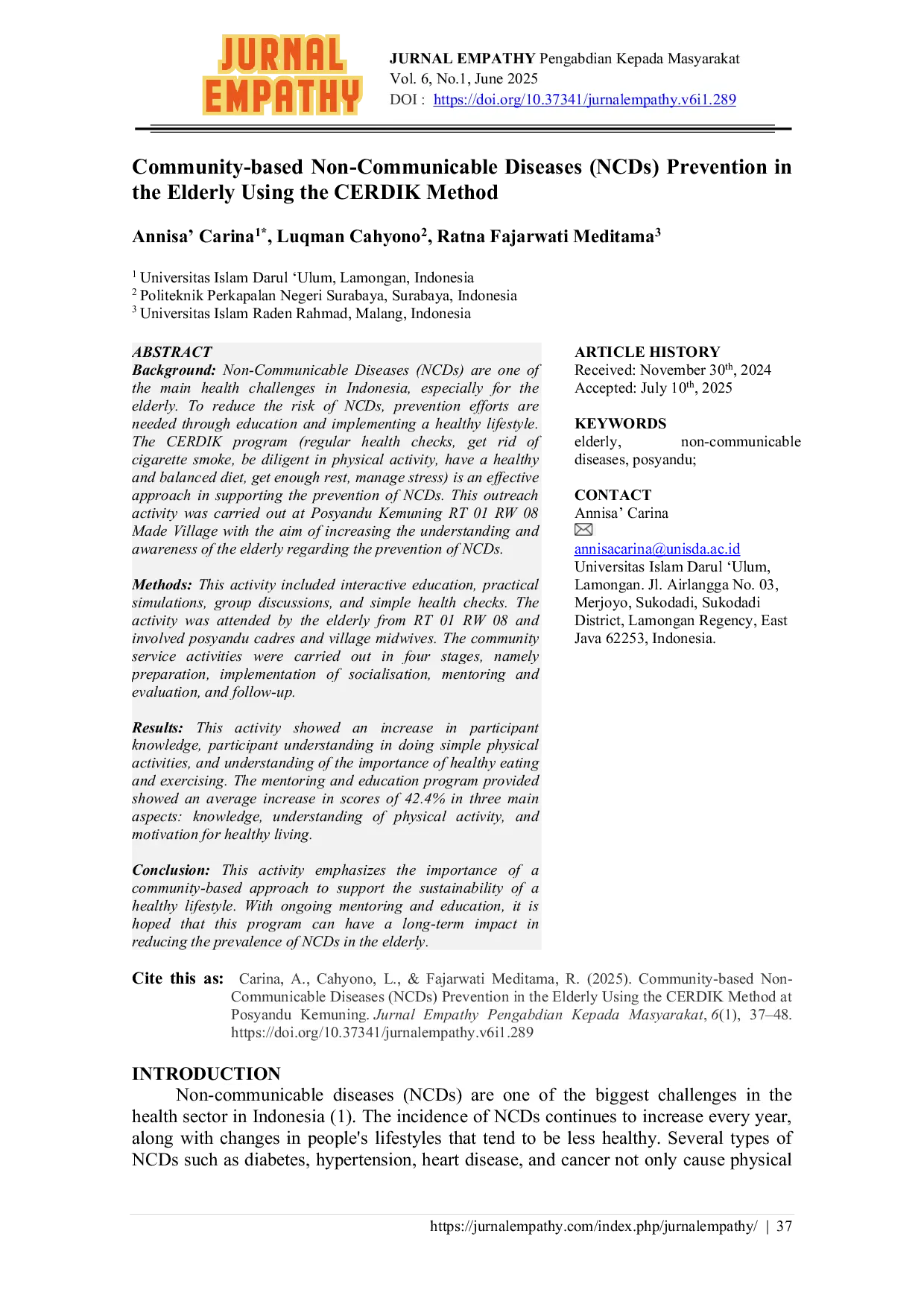 JURIS Community based Non Communicable Diseases NCDs Prevention in the Elderly Using the CERDIK Method