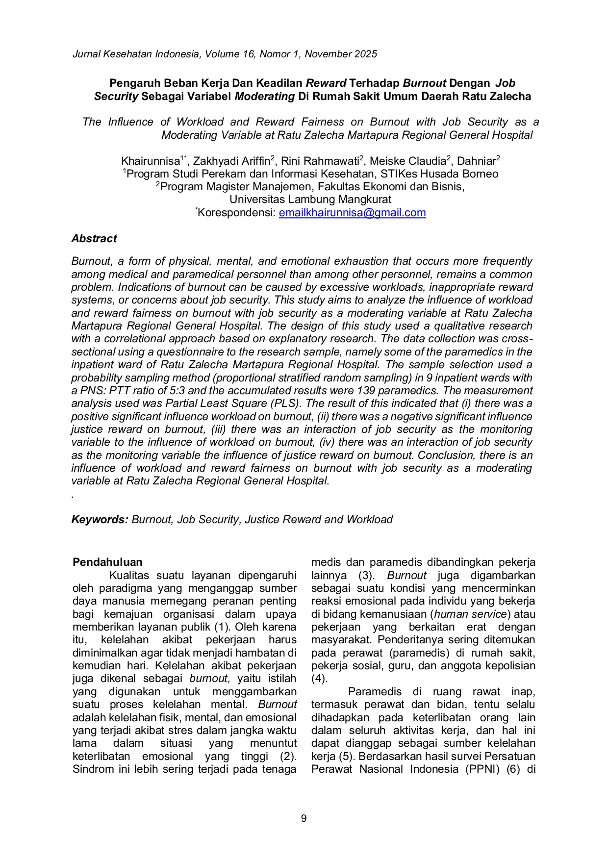 JURIS Pengaruh Beban Kerja Dan Keadilan Reward Terhadap Burnout Dengan Job Security Sebagai Variabel Moderating Di Rumah Sakit Umum Daerah Ratu Zalecha