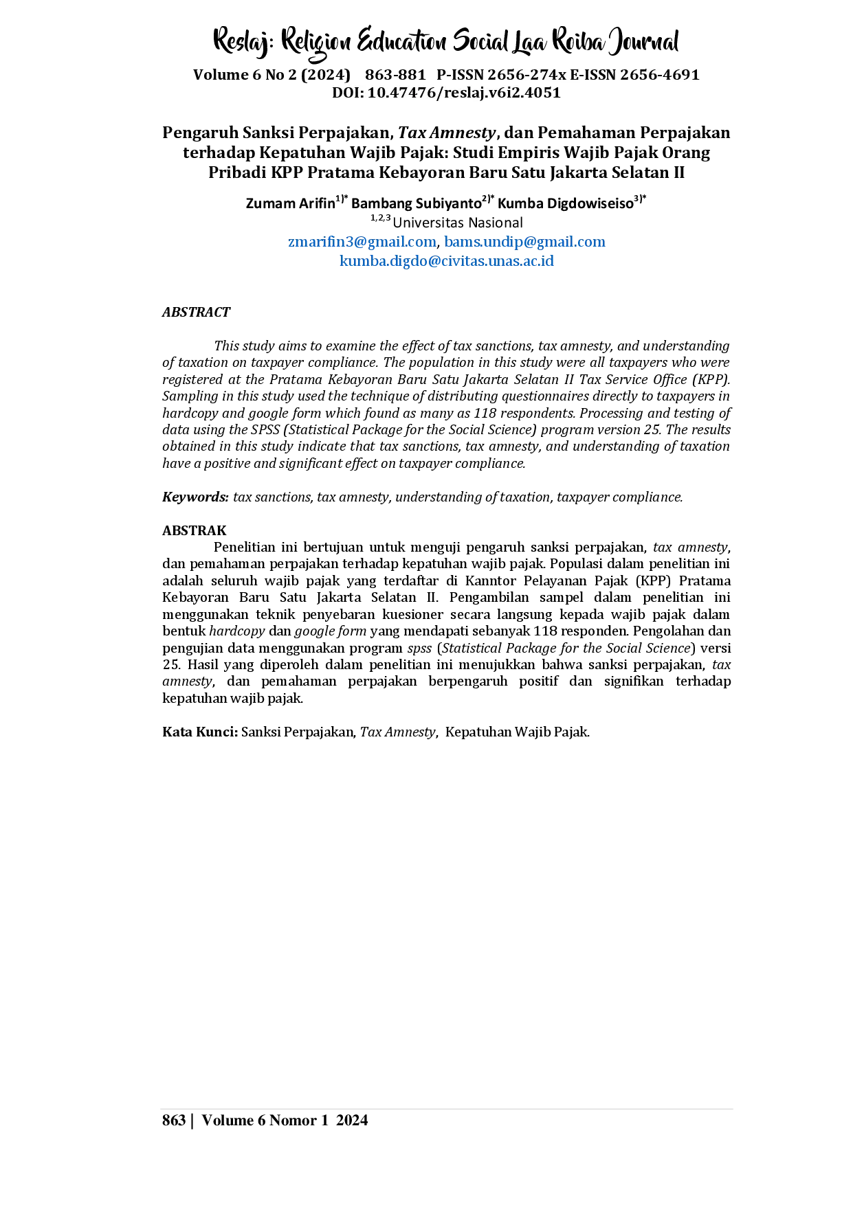 juris Pengaruh Sanksi Perpajakan Tax Amnesty dan Pemahaman Perpajakan terhadap Kepatuhan Wajib Pajak