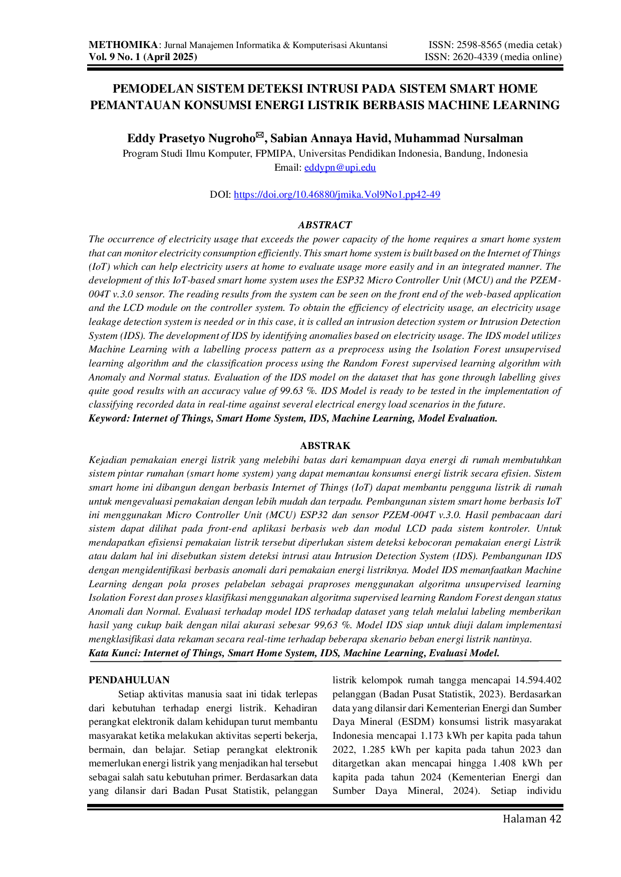 JURIS Pemodelan Sistem Deteksi Intrusi pada Sistem Smart Home Pemantauan Konsumsi Energi Listrik Berbasis Machine Learning