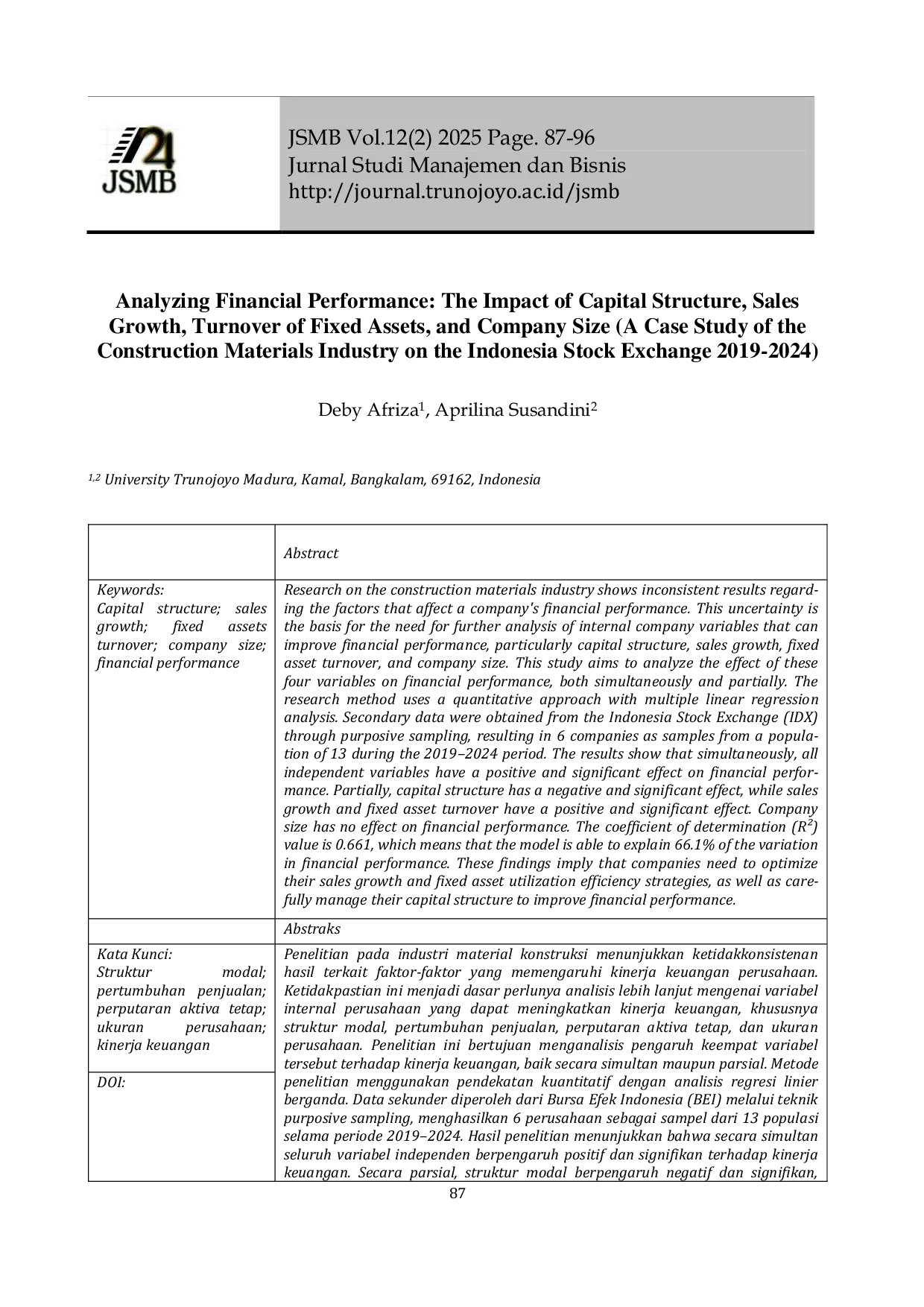 JURIS Menganalisis Kinerja Keuangan Dampak Struktur Modal Pertumbuhan Penjualan Perputaran Aktiva Tetap dan Ukuran Perusahaan Studi Kasus Pada Industri Material Konstruksi di BEI 2019 2024