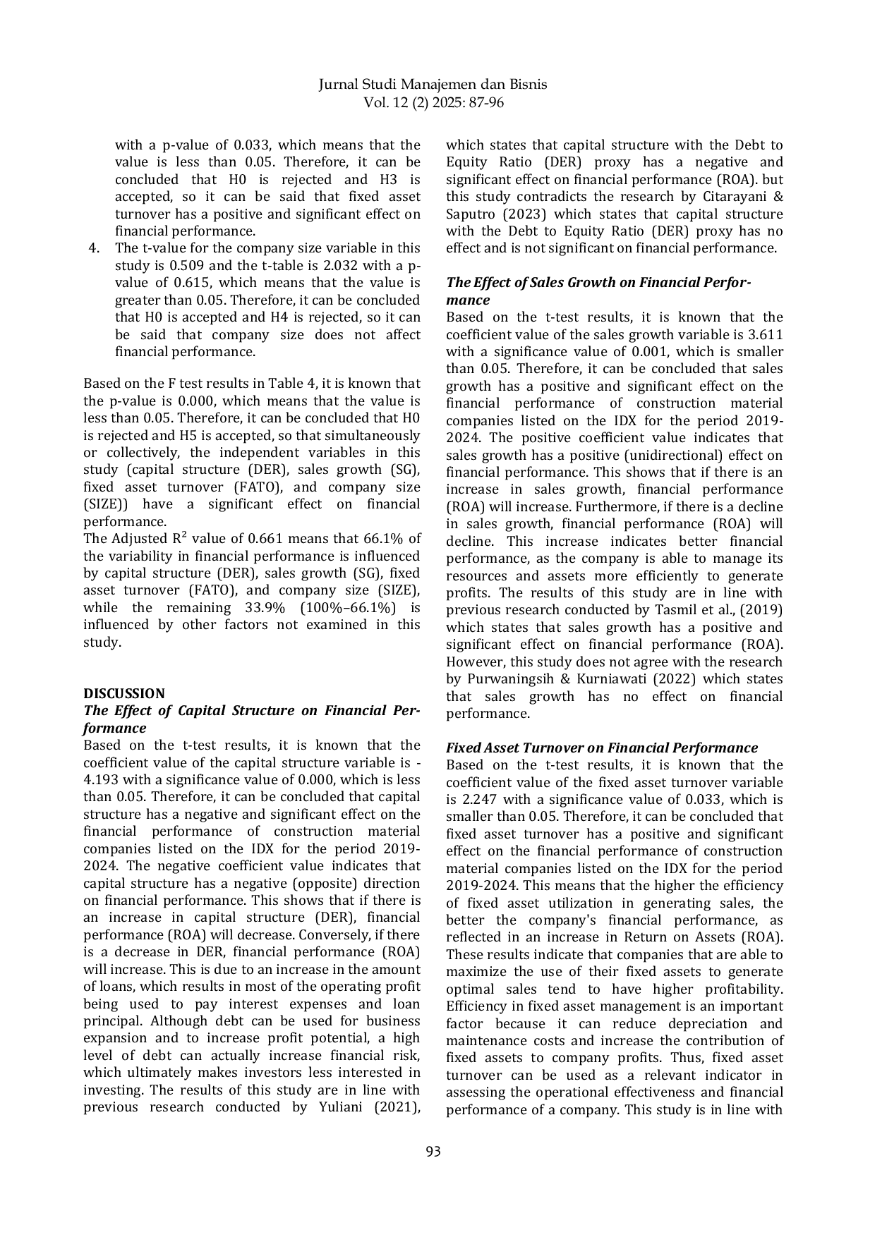 JURIS Menganalisis Kinerja Keuangan Dampak Struktur Modal Pertumbuhan Penjualan Perputaran Aktiva Tetap dan Ukuran Perusahaan Studi Kasus Pada Industri Material Konstruksi di BEI 2019 2024