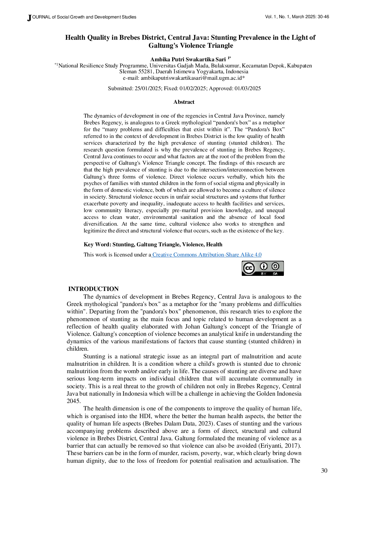 JURIS Health Quality in Brebes District Central Java Stunting Prevalence in the Light of Galtung s Violence Triangle
