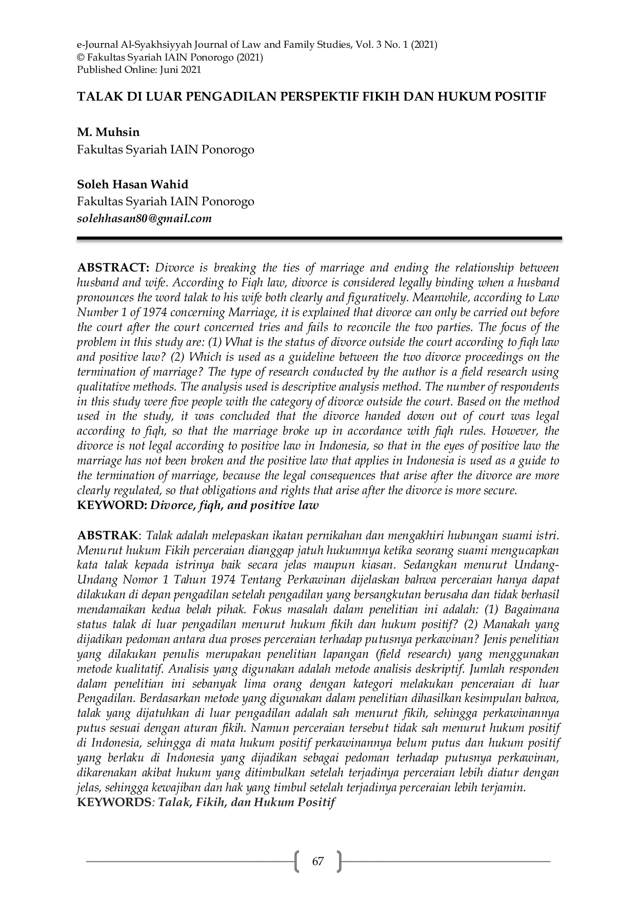 JURIS Talak di Luar Pengadilan Perspektif Fikih dan Hukum Positif