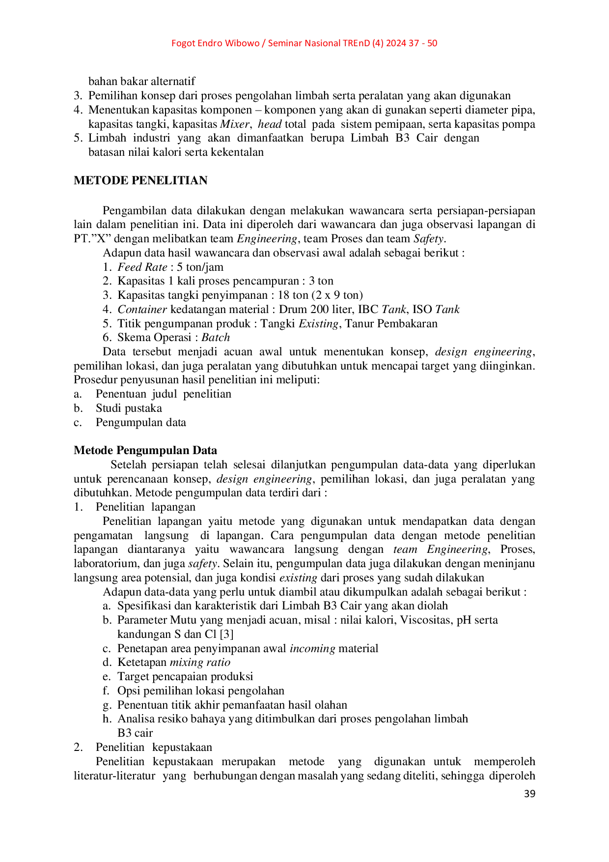 JURIS Feasibilty Study Peralatan Pendukung Pada Pemanfaatan Limbah B3 Cair Sebagai Bahan Bakar Alternatif Pada Tanur Di PT X