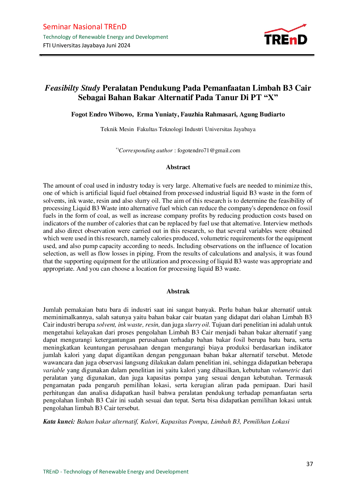 JURIS Feasibilty Study Peralatan Pendukung Pada Pemanfaatan Limbah B3 Cair Sebagai Bahan Bakar Alternatif Pada Tanur Di PT X