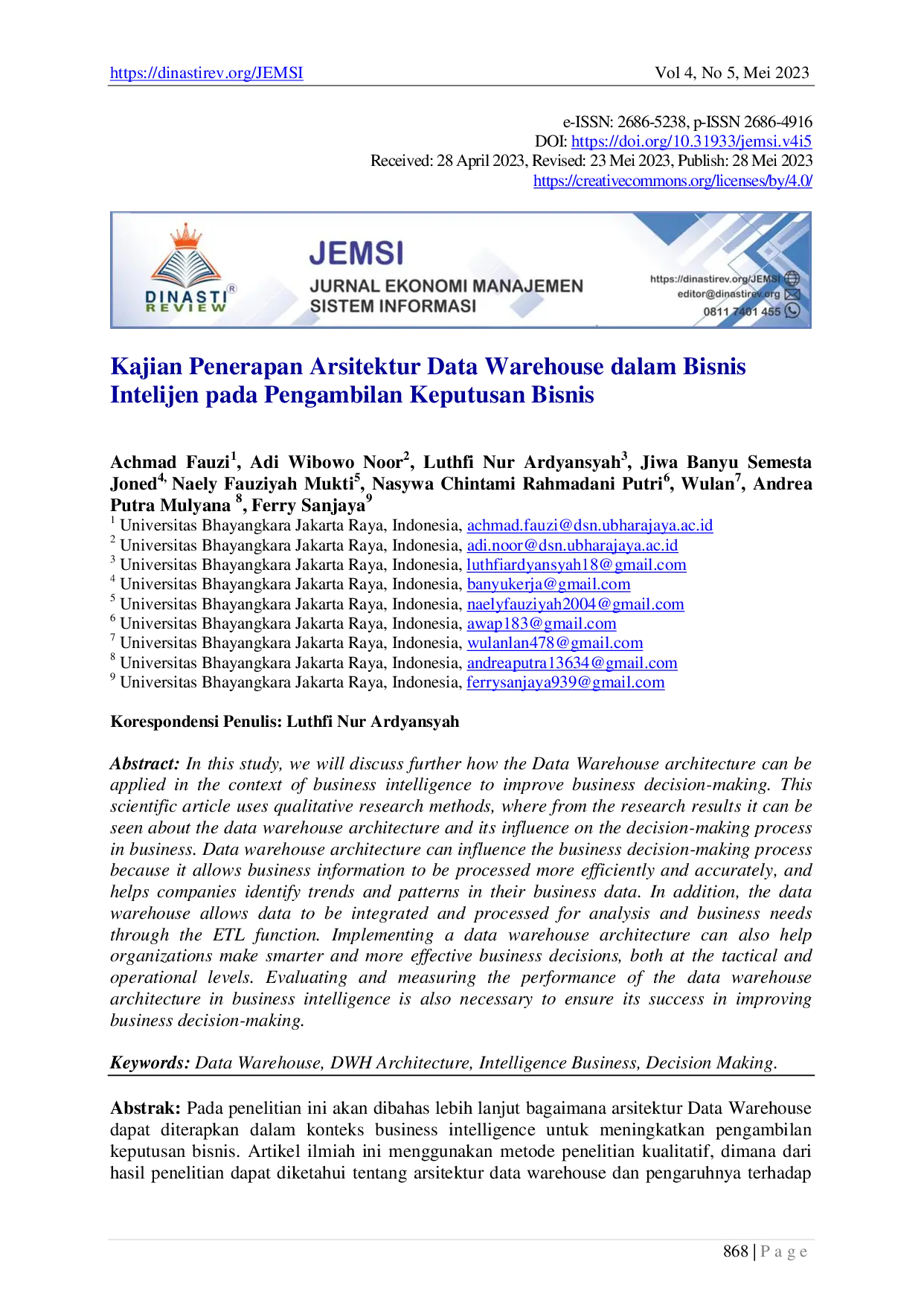 JURIS Kajian Penerapan Arsitektur Data Warehouse dalam Bisnis Intelijen pada Pengambilan Keputusan Bisnis