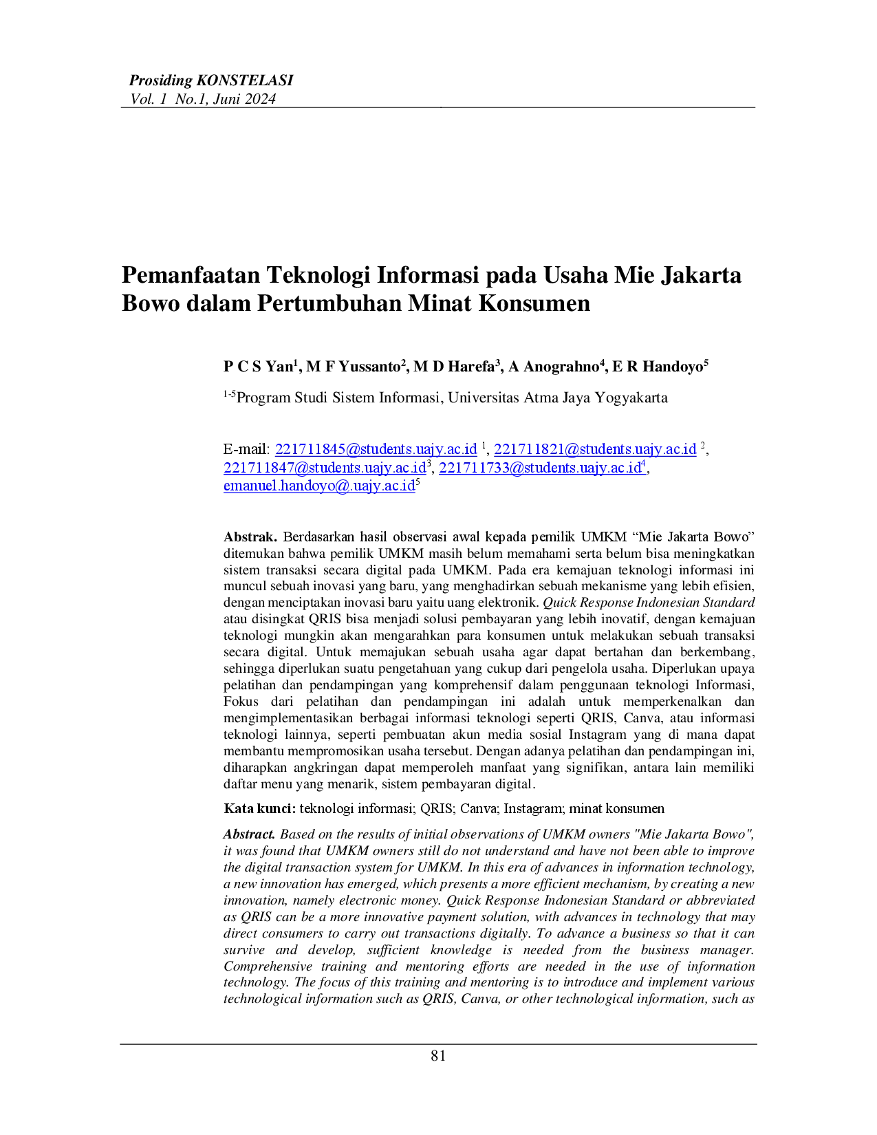 juris Pemanfaatan Teknologi Informasi pada Usaha Mie Jakarta Bowo dalam Pertumbuhan Minat Konsumen