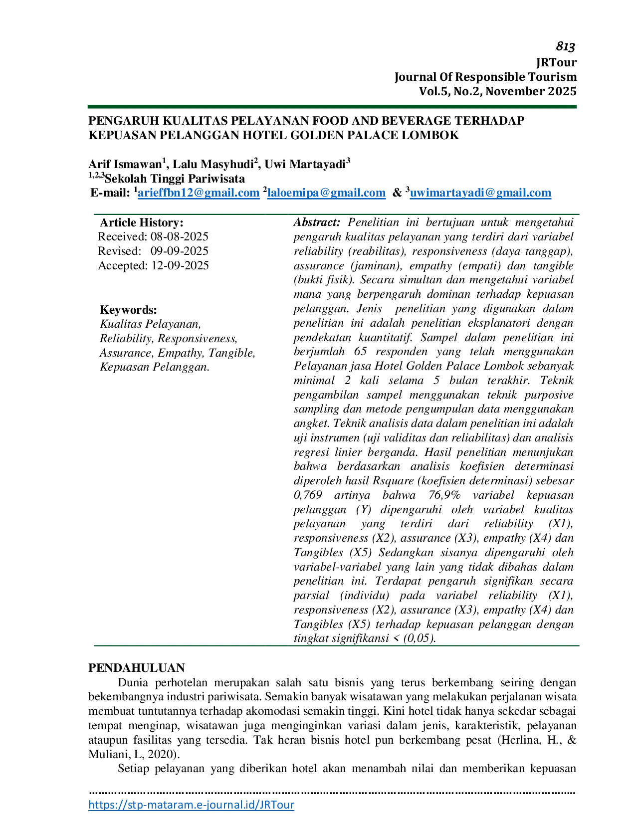 JURIS Pengaruh Kualitas Pelayanan Food and Beverage Terhadap Kepuasan Pelanggan Hotel Golden Palace Lombok
