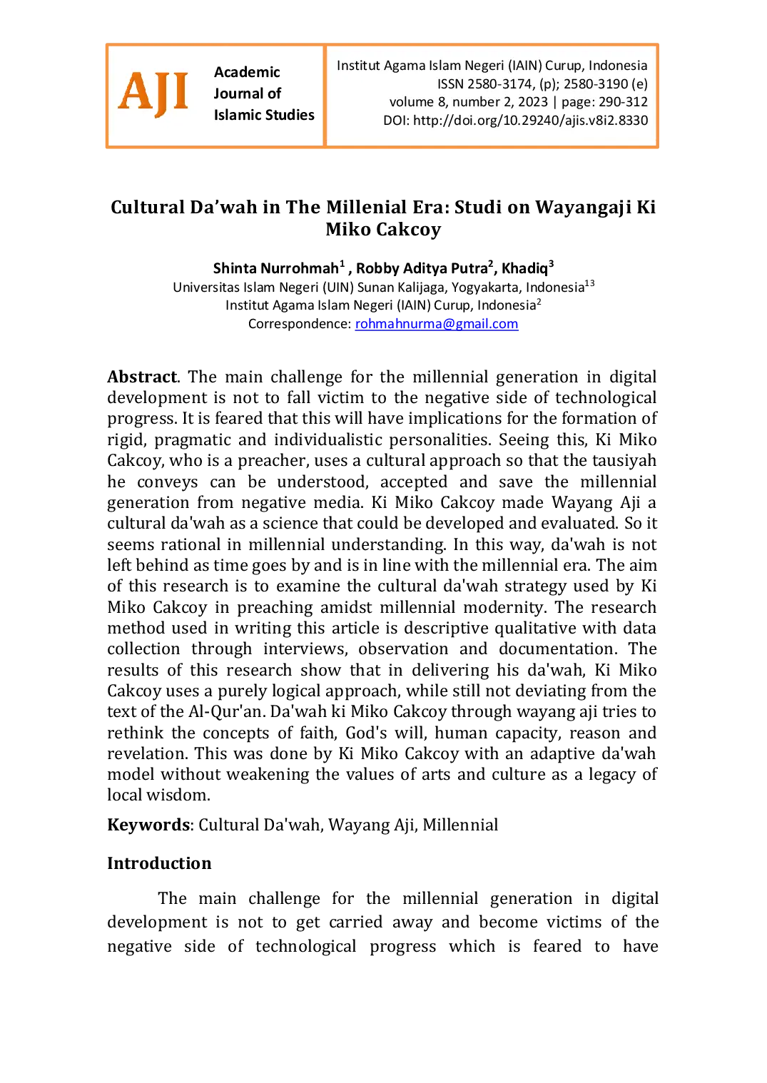 JURIS Cultural Da wah in The Millenial Era Studi on Wayangaji Ki Miko Cakcoy