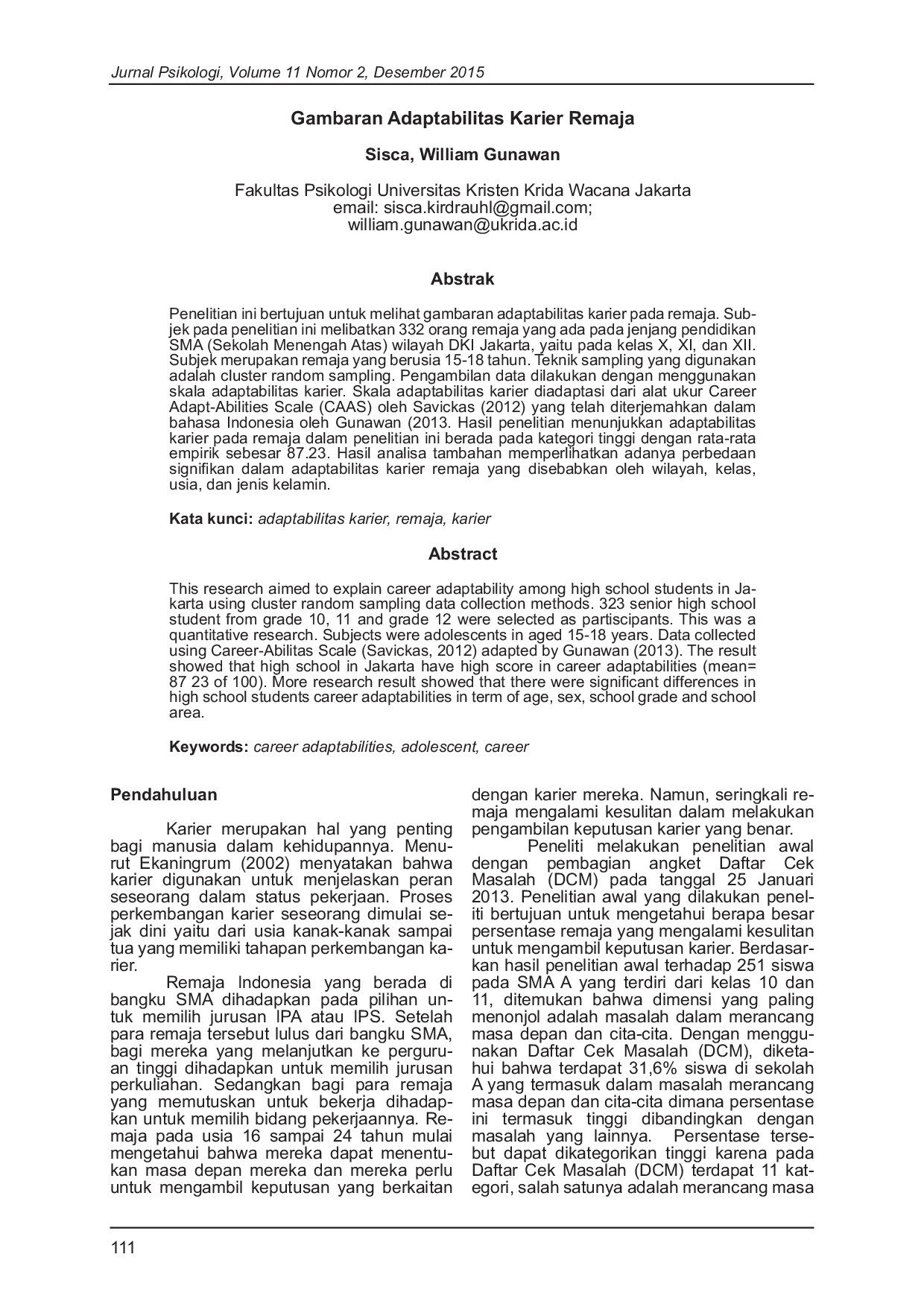 JURIS Gambaran Adaptabilitas Karier Remaja