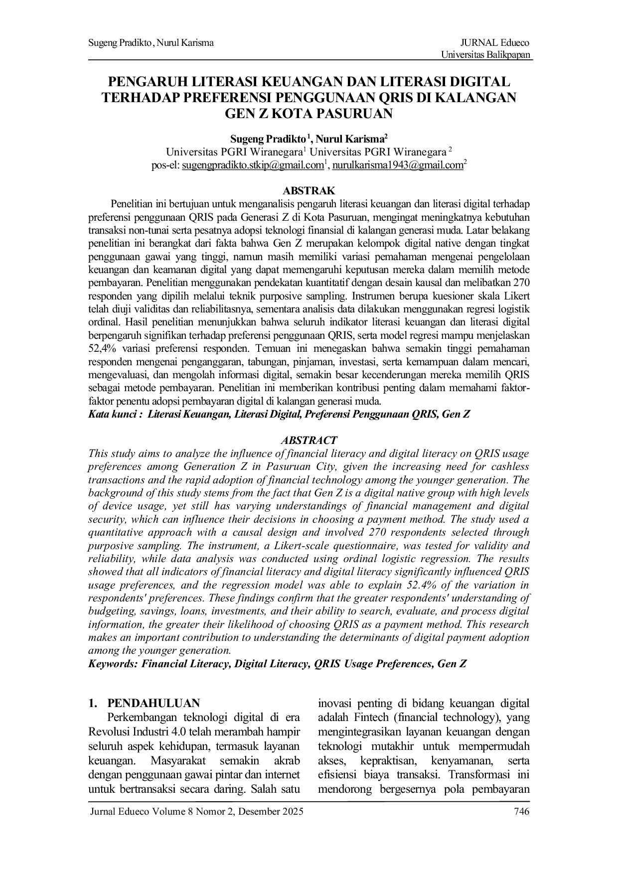 JURIS Pengaruh Literasi Keuangan dan Literasi Digital Terhadap Preferensi Penggunaan QRIS Di Kalangan Gen Z Kota Pasuruan